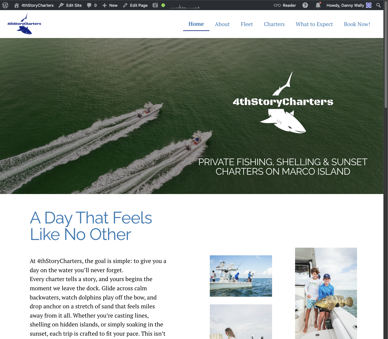 Screenshot of a website home page for 4thStoryCharters, showing two boats speeding across green water, with the company's logo featuring a white silhouette of a marlin and a shark, and a navigation menu at the top.
