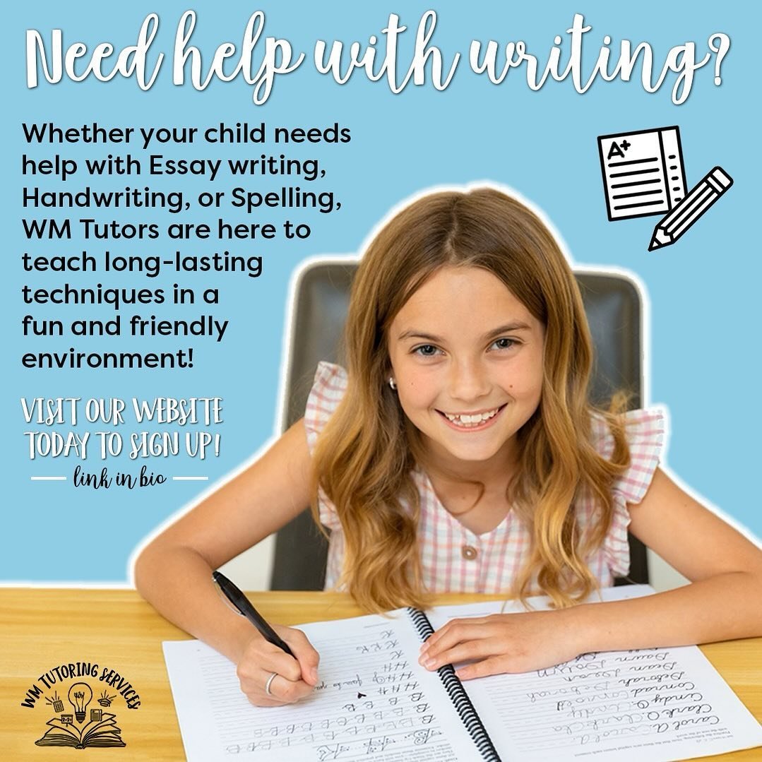 Parents.
&zwnj;
Is your child in need of help with writing?! 📝
&zwnj;
WM tutors offer a friendly and comfortable environment where we go at the pace of each student and explain writing concepts in a simple, yet effective way.
⠀
To book your child&rs