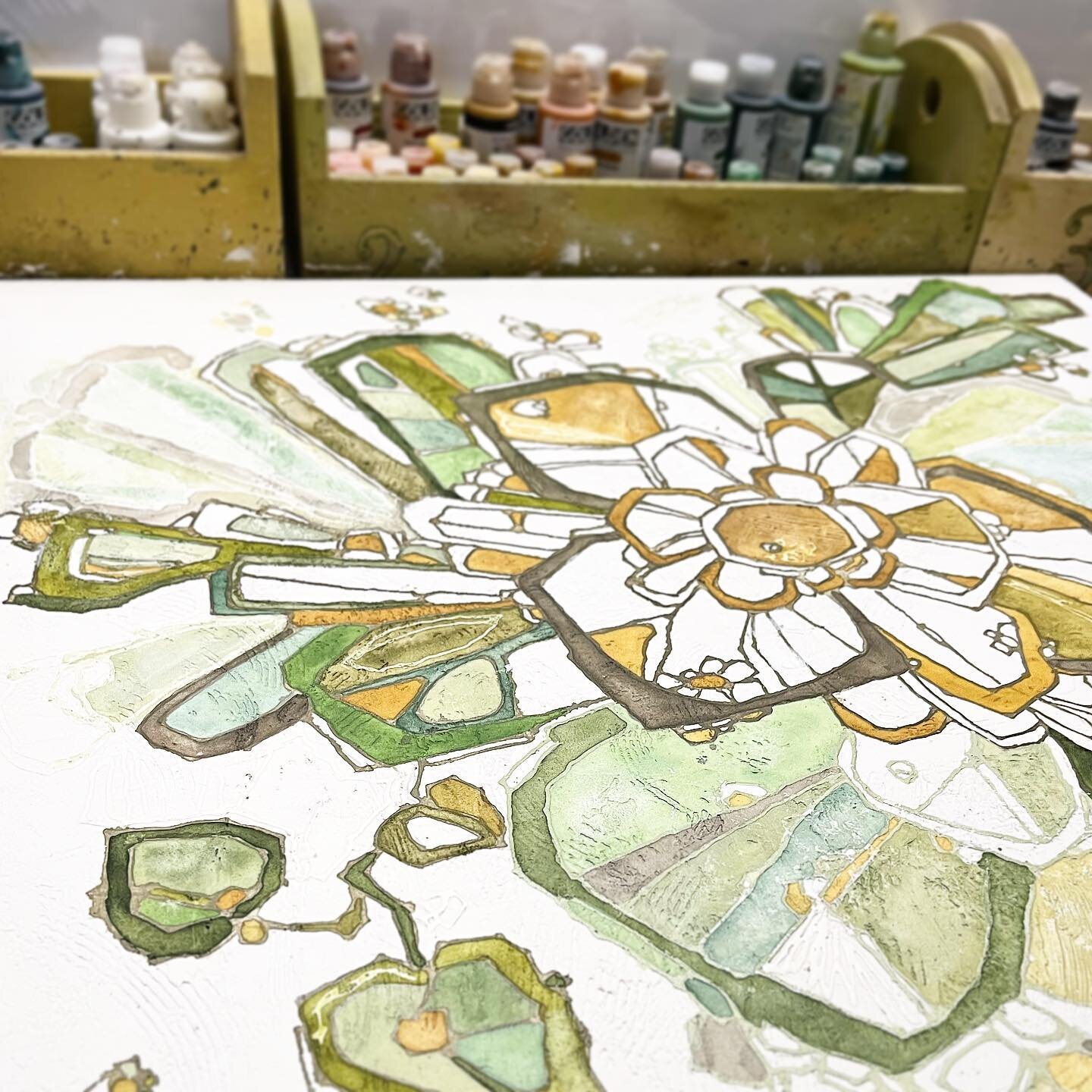 It may be a little warm in my studio today, but I&rsquo;m liking how this larger canvas is coming along.
&bull;
&bull;
Staying true to my love of green hues, the time spent creating this new botanical painting has been blissful. 
&bull;
&bull;
Lookin