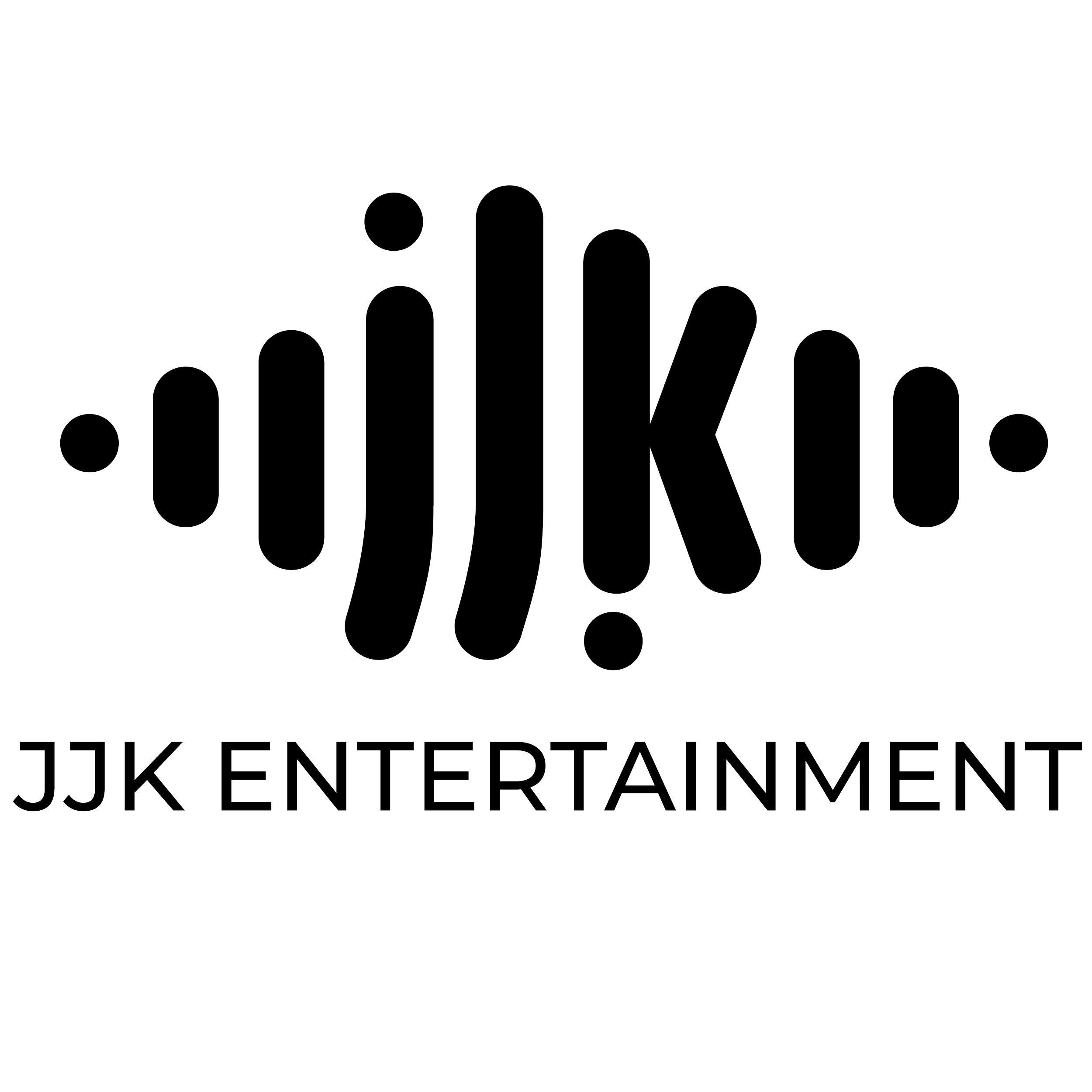 Black and white logo for JJK Entertainment with stylized text and dots.