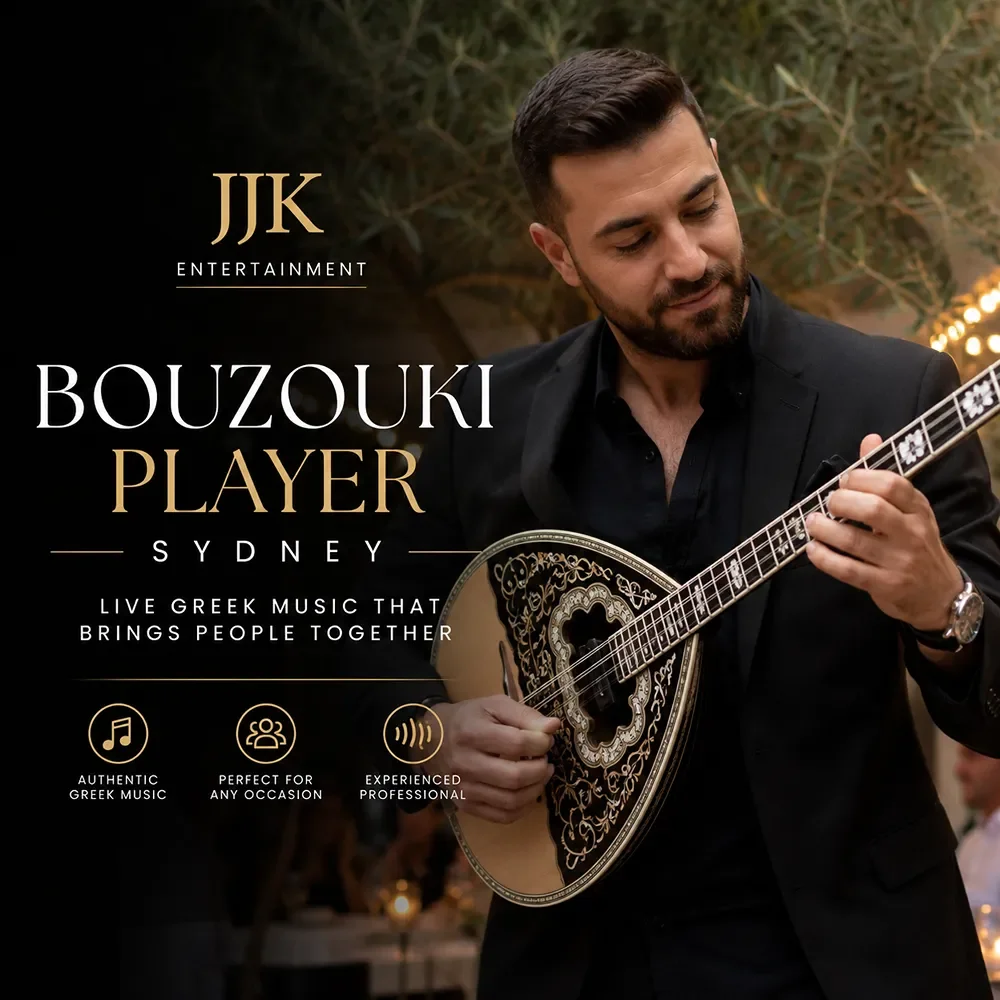 Live bouzouki player performing at a Greek celebration in Sydney