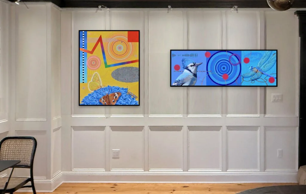  Scott McIntire, Energy Field 2, 2019, enamel on canvas, and Blues in the Garden, 2018, enamel on canvas. (Photo Courtesy of the artist) 