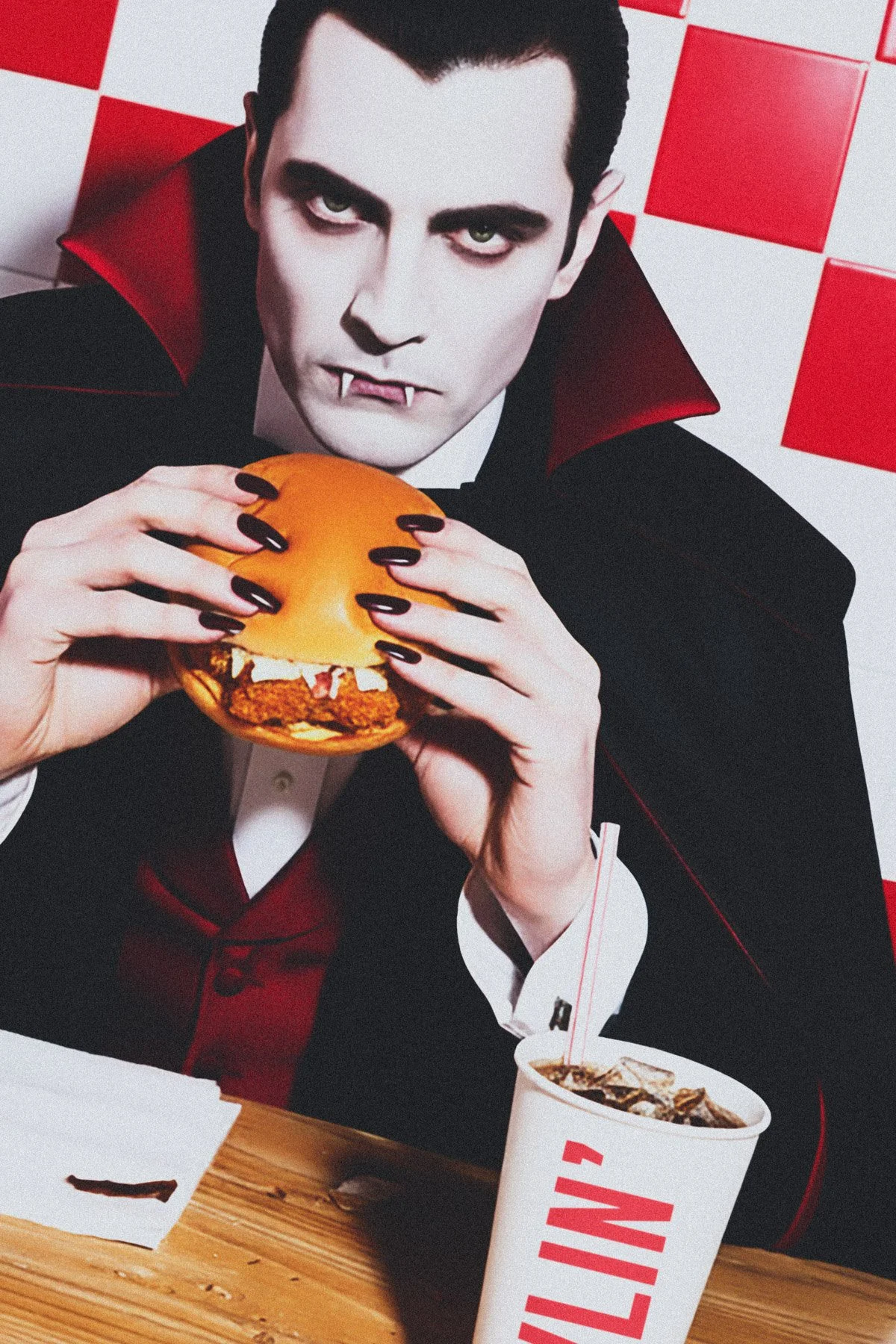 A person with pale skin, dark hair, and vampire-like fangs, dressed in a Dracula costume, is holding a burger with orange bun and fried chicken inside. They are sitting at a table with a cup of soda. The background features a red and white checkered 