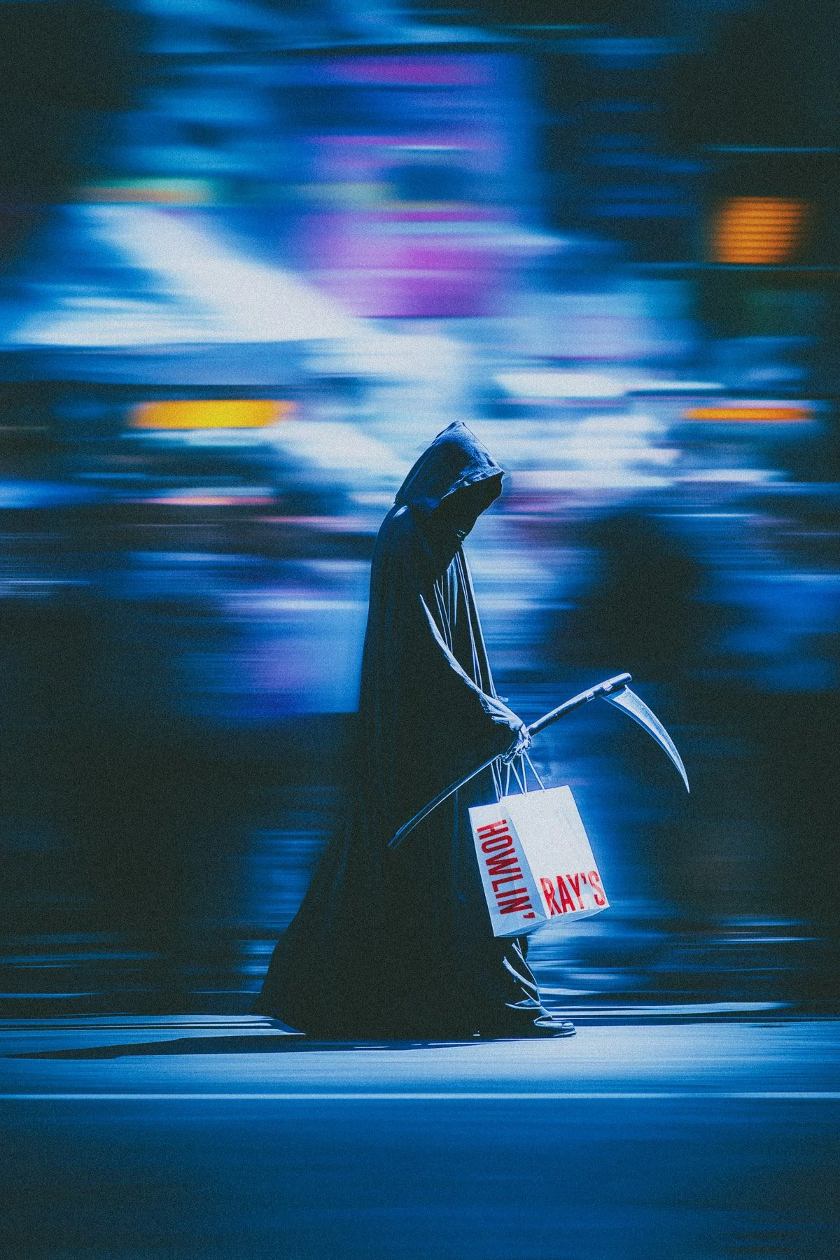 A person wearing a hooded cloak and holding a scythe walks past a blurred, colorful cityscape at night, with a sign on the person reading 'Unemployment Days Ray's'.