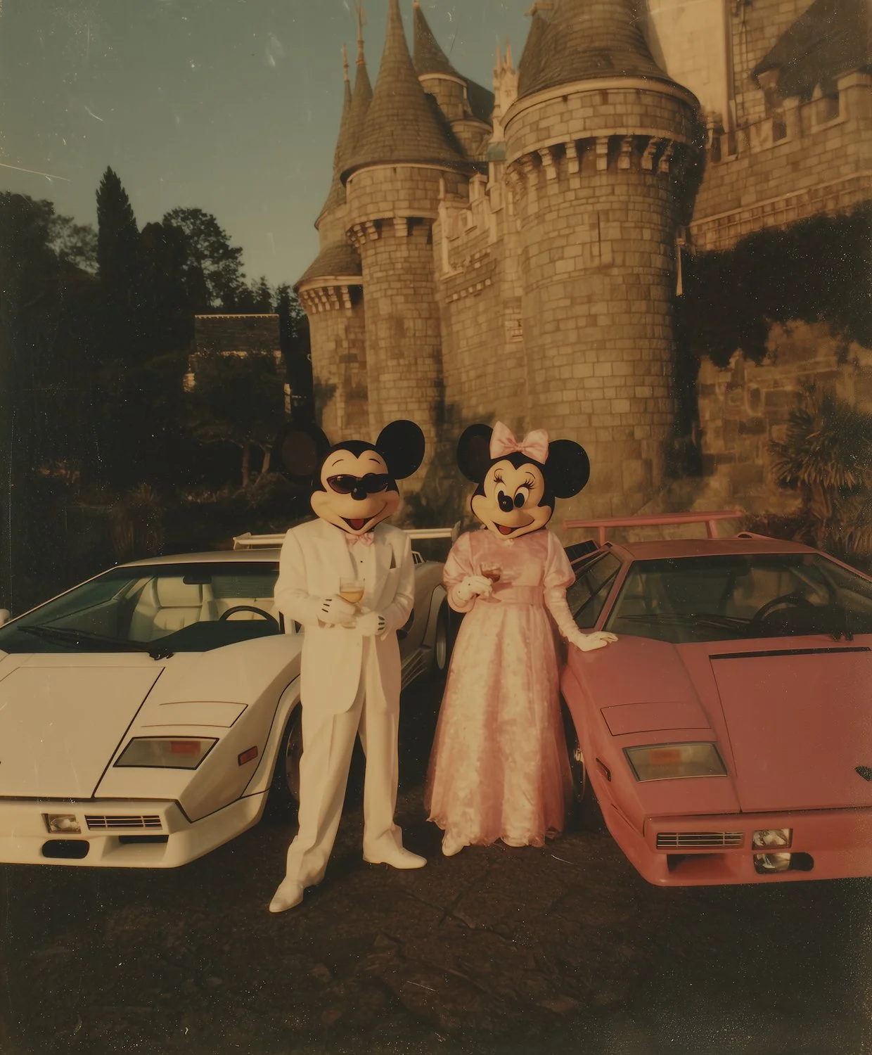 Mickey Mouse and Minnie Mouse in costumes standing between two cars in front of a castle, holding glasses, at Disney theme park.