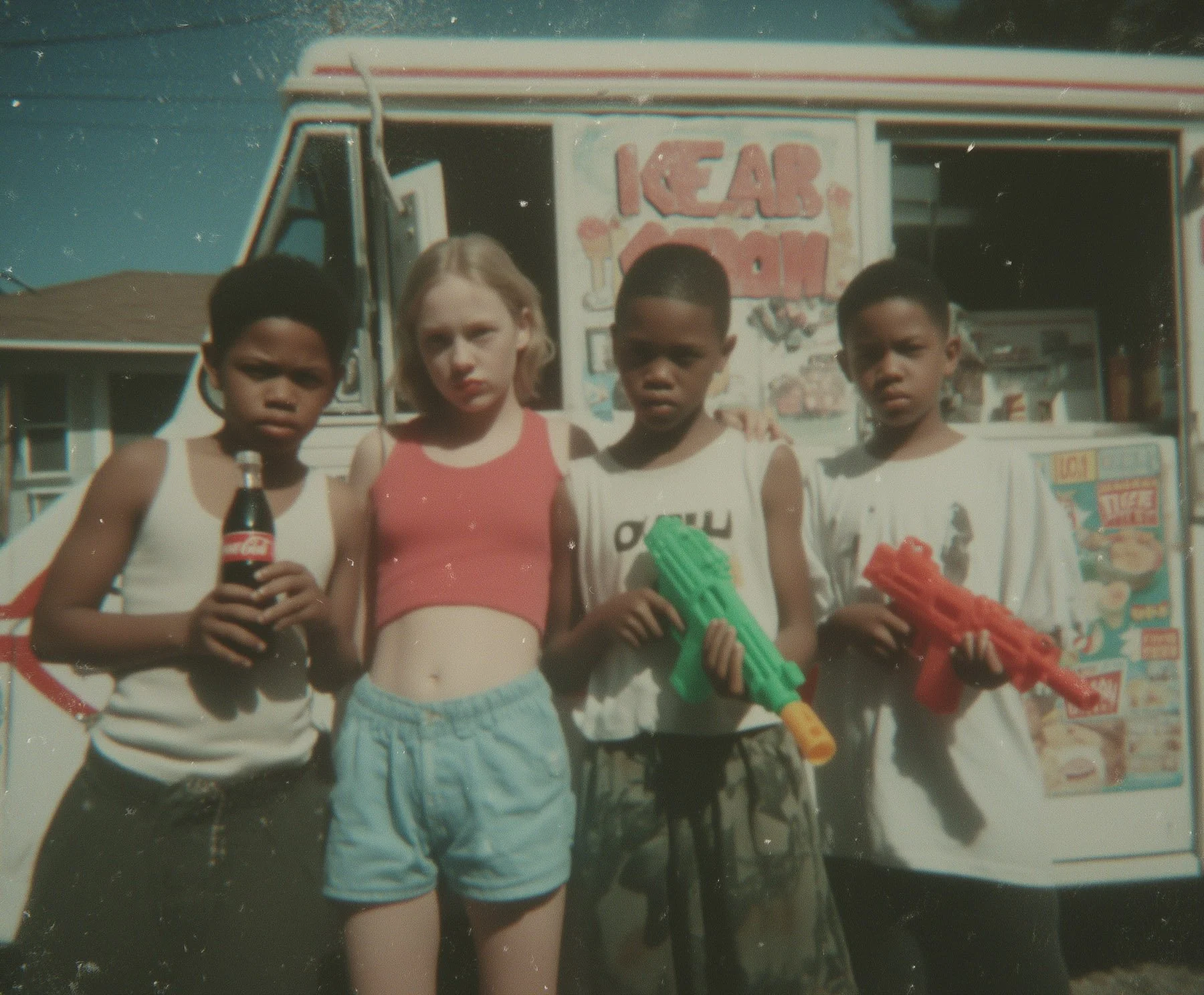 Four children standing in front of a food truck with ice cream menu, holding water guns and a soda bottle, outdoors on a sunny day.