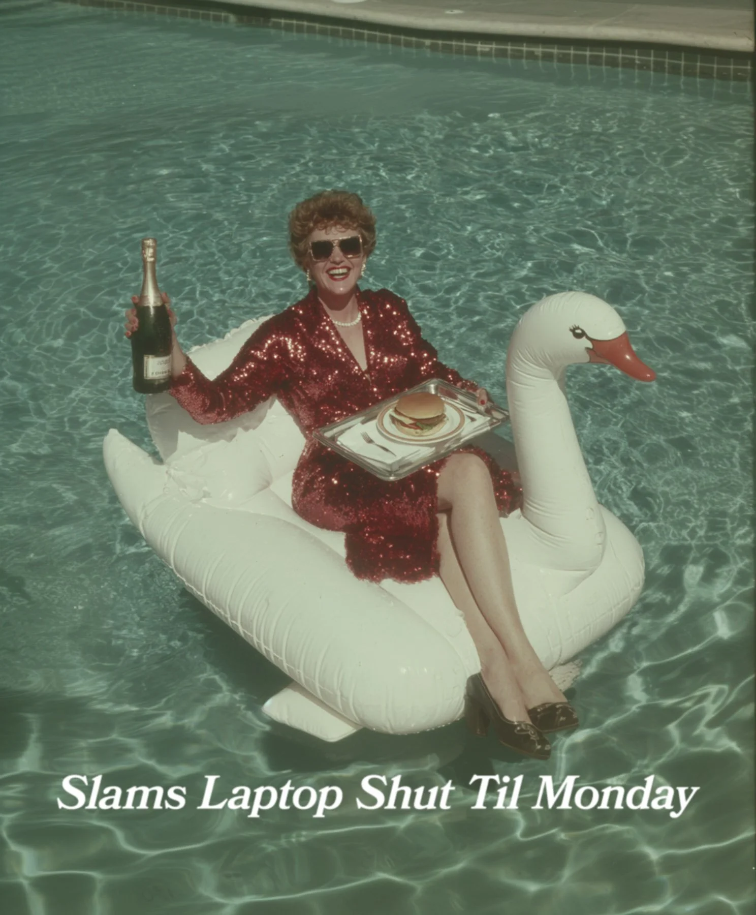 Woman dressed in a red sequin dress, sunglasses, and pearl necklace, sitting on an inflatable swan in a swimming pool. She is holding a champagne bottle and has a tray with a burger on it. The image has a caption that reads, 'Slams Laptop Shut Til Mo