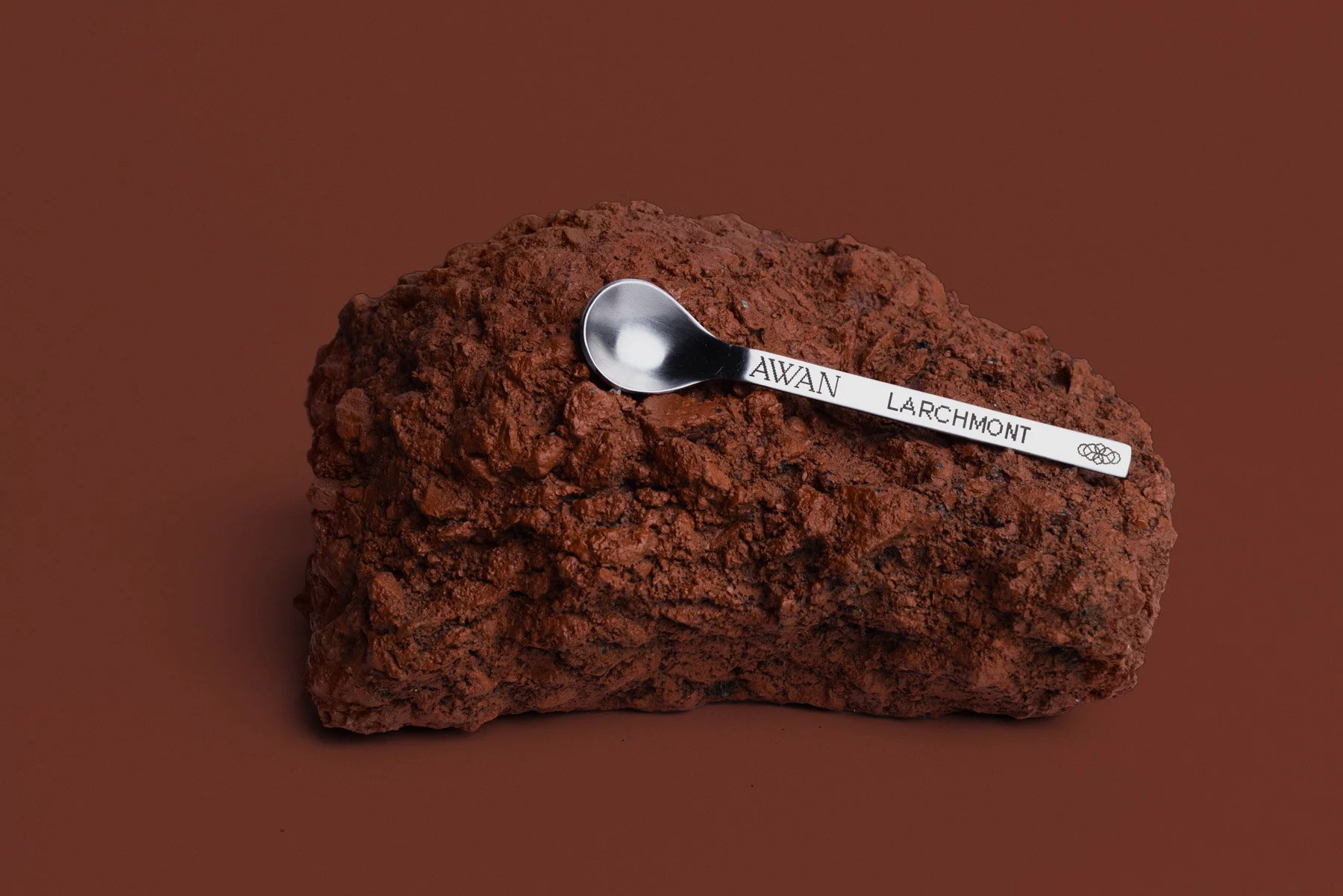 A silver spoon resting on a large reddish-brown rock with inscriptions 'AWAN' and 'LARCHMONT' engraved on its handle, set against a matching brown background.