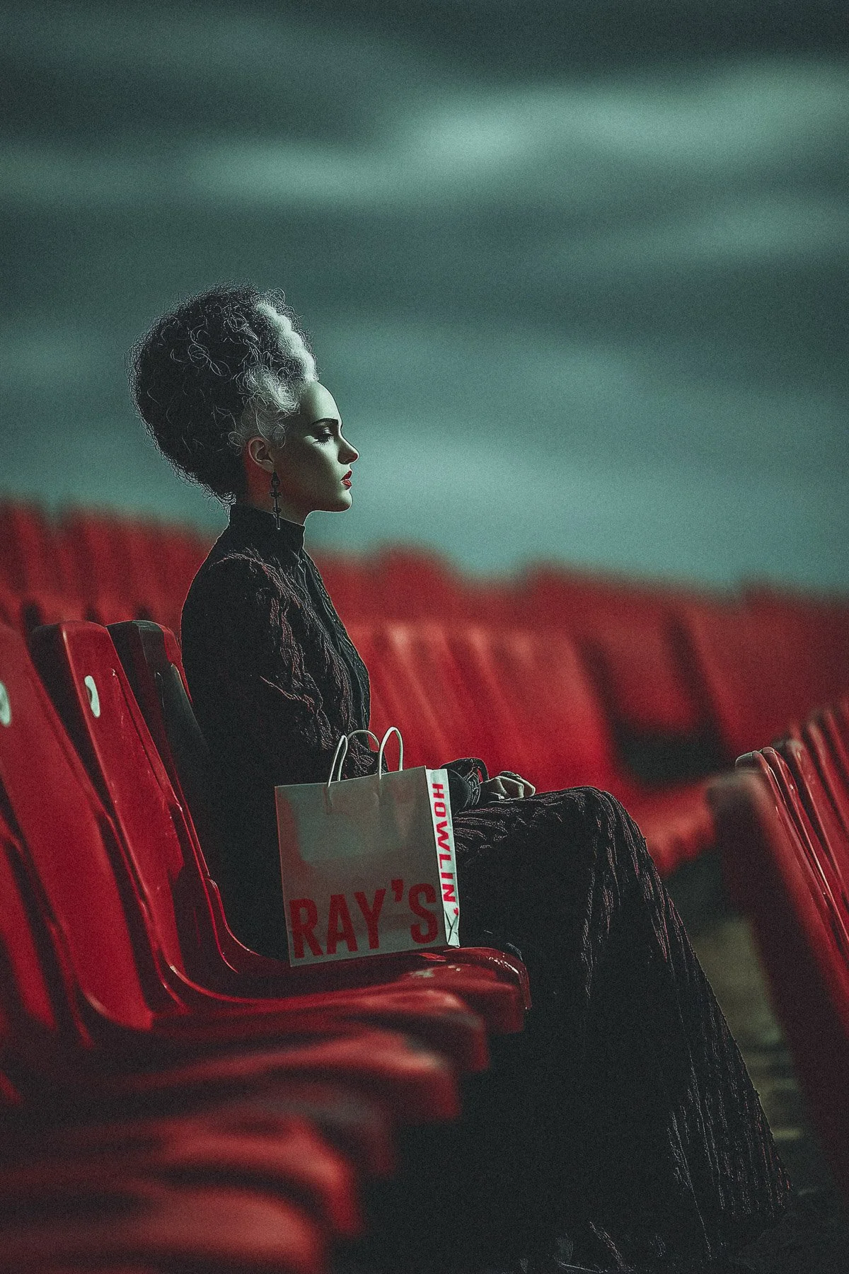 A woman with elaborate curly hair, sitting alone in a row of red theater seats, holding a shopping bag with the Ray's logo, in a dimly lit auditorium or theater.