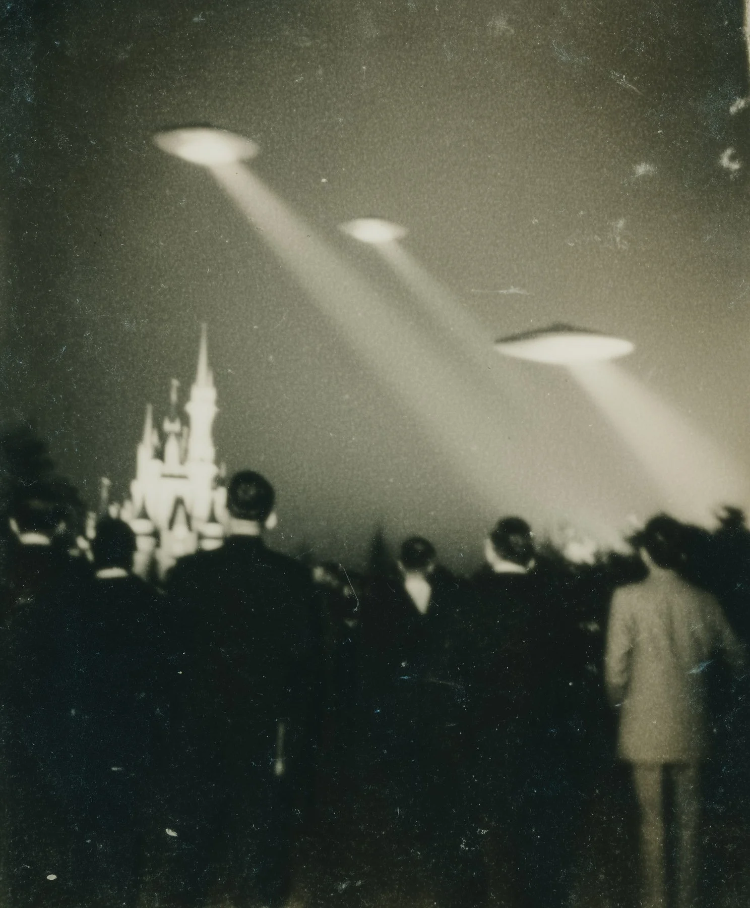 Black and white photo of a group of people, some with hats, standing outdoors at night in front of a building with a spire, with UFOs in the sky emitting beams of light.