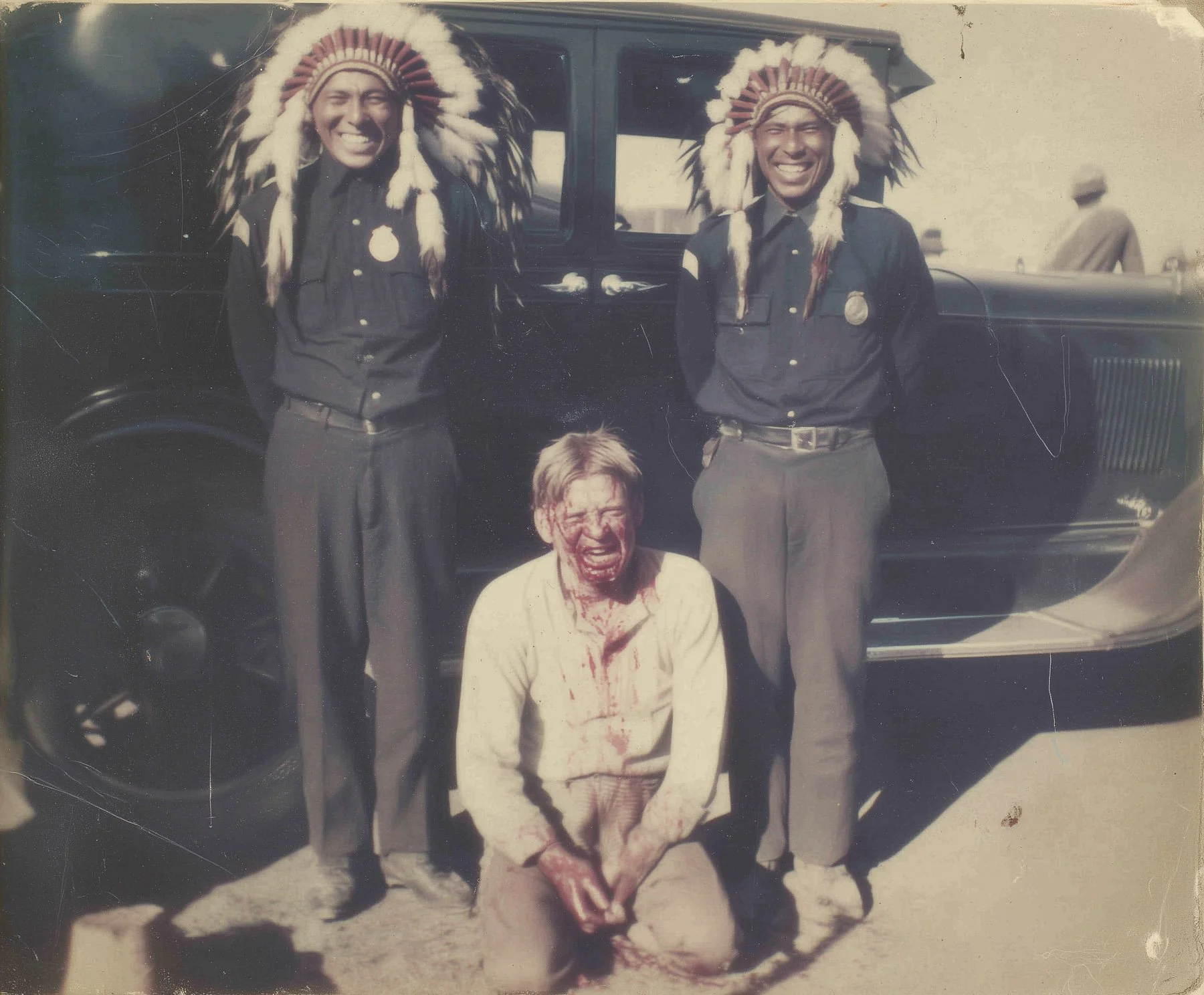 Two police officers wearing feathered headdresses standing beside an unconscious or injured woman with blood on her face and clothes. They are smiling and posing in front of a vintage black car.