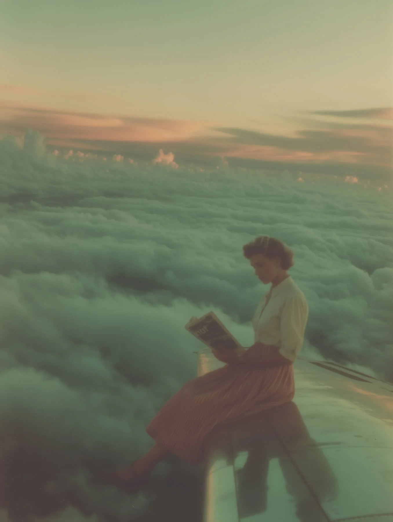 A person with curly hair sitting on a ledge or platform above the clouds, reading a book, with a pastel-colored sky and clouds in the background.