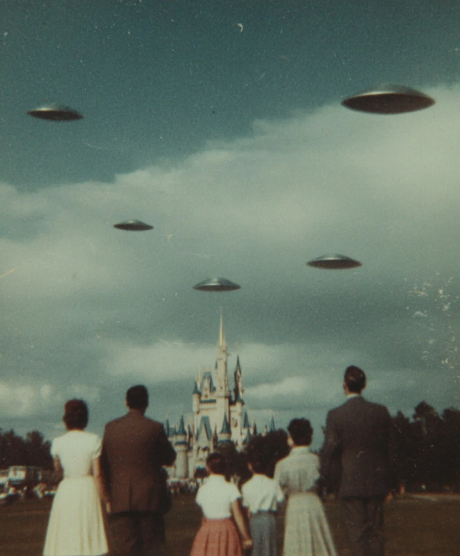 People watching fireworks at a Disneyland castle with UFOs in the sky