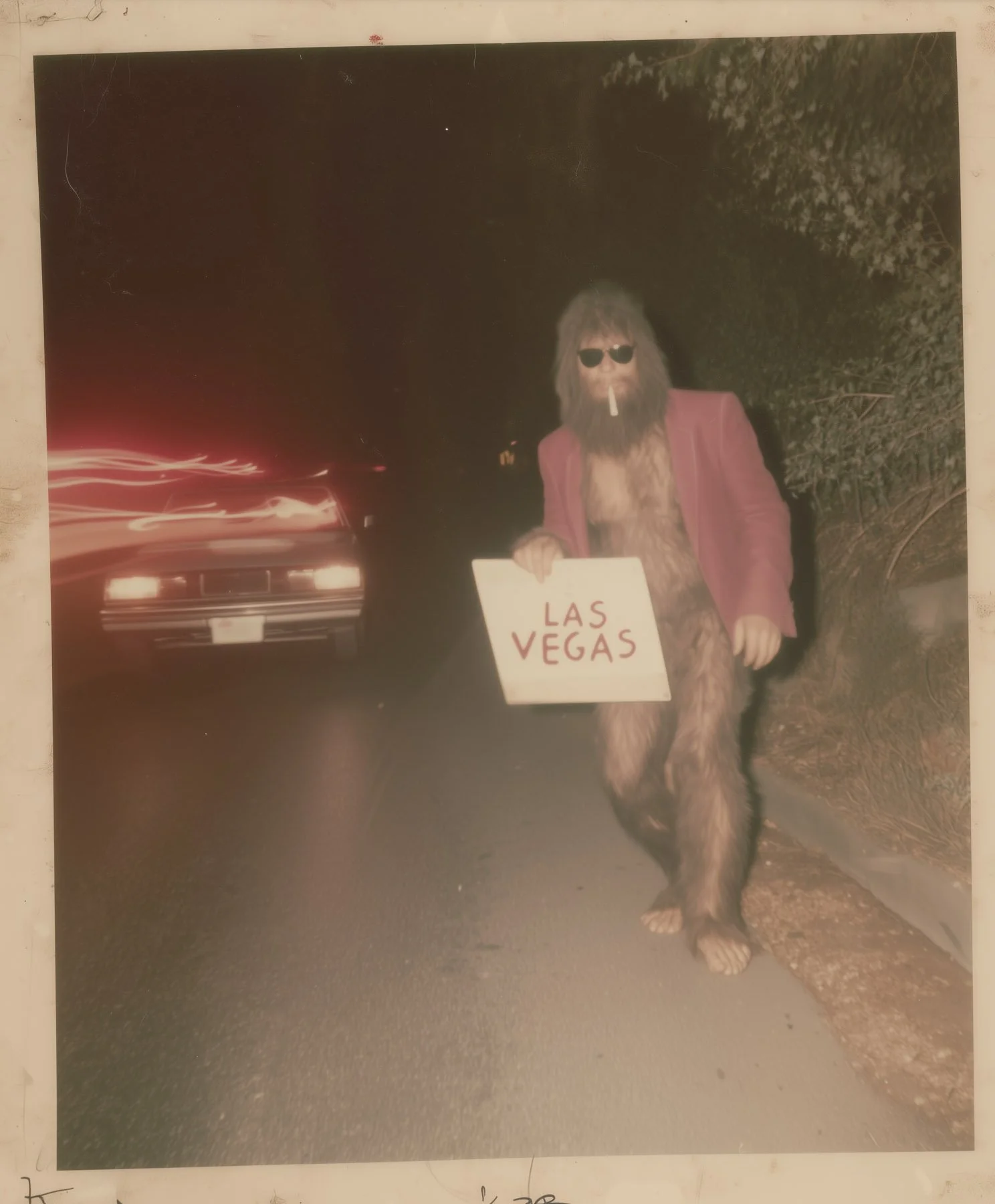 A man with long hair, beard, and sunglasses wearing a pink jacket, holding a sign that says "LAS VEGAS," with a large dog standing next to him holding a cigarette in its mouth, at night time with a blurred car light in the background.