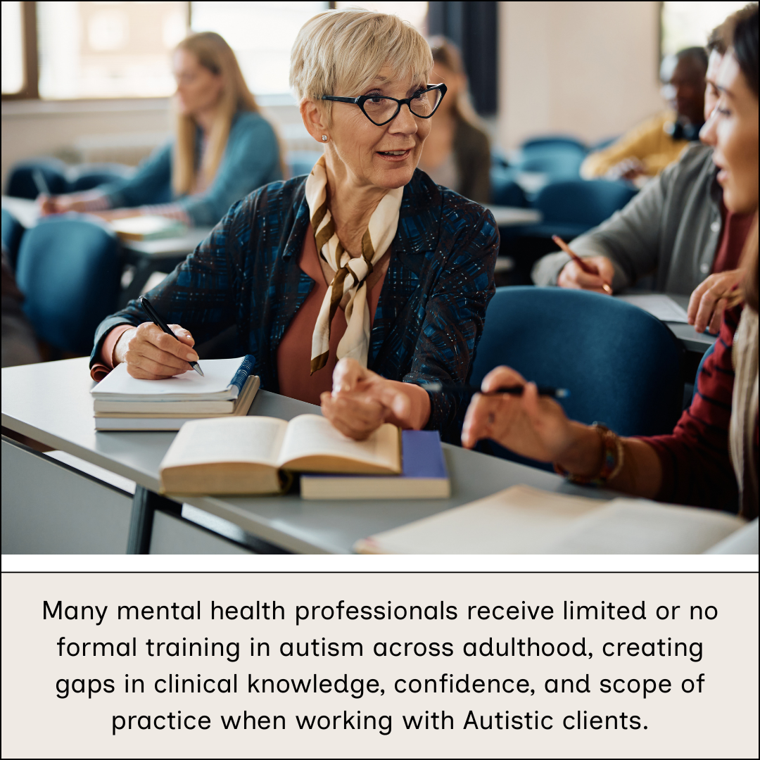 Mental health professionals seated in a training or classroom setting, discussing written materials at desks.