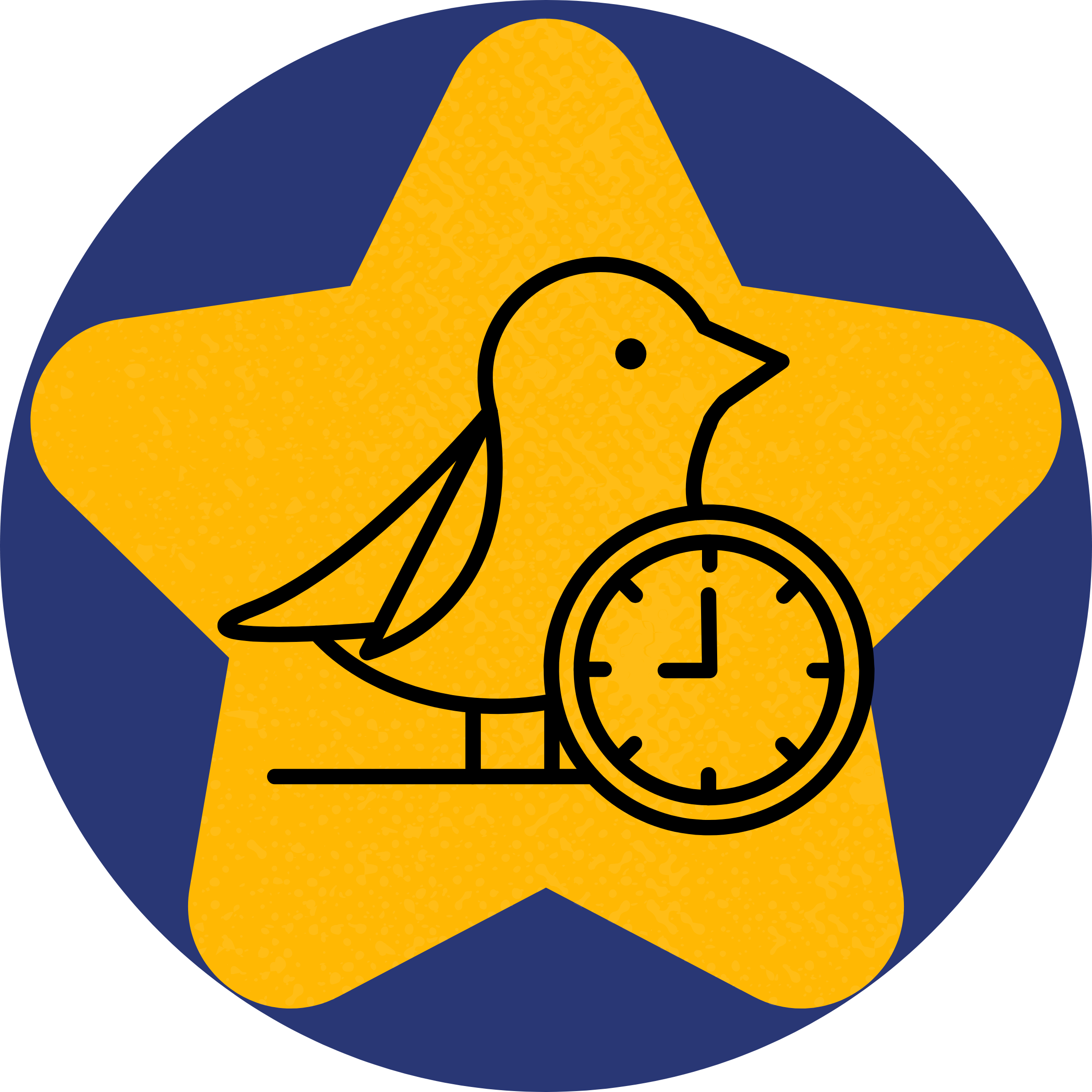 A graphic badge featuring a bird, a clock, and a star background, symbolizing a time-related bird award or recognition.
