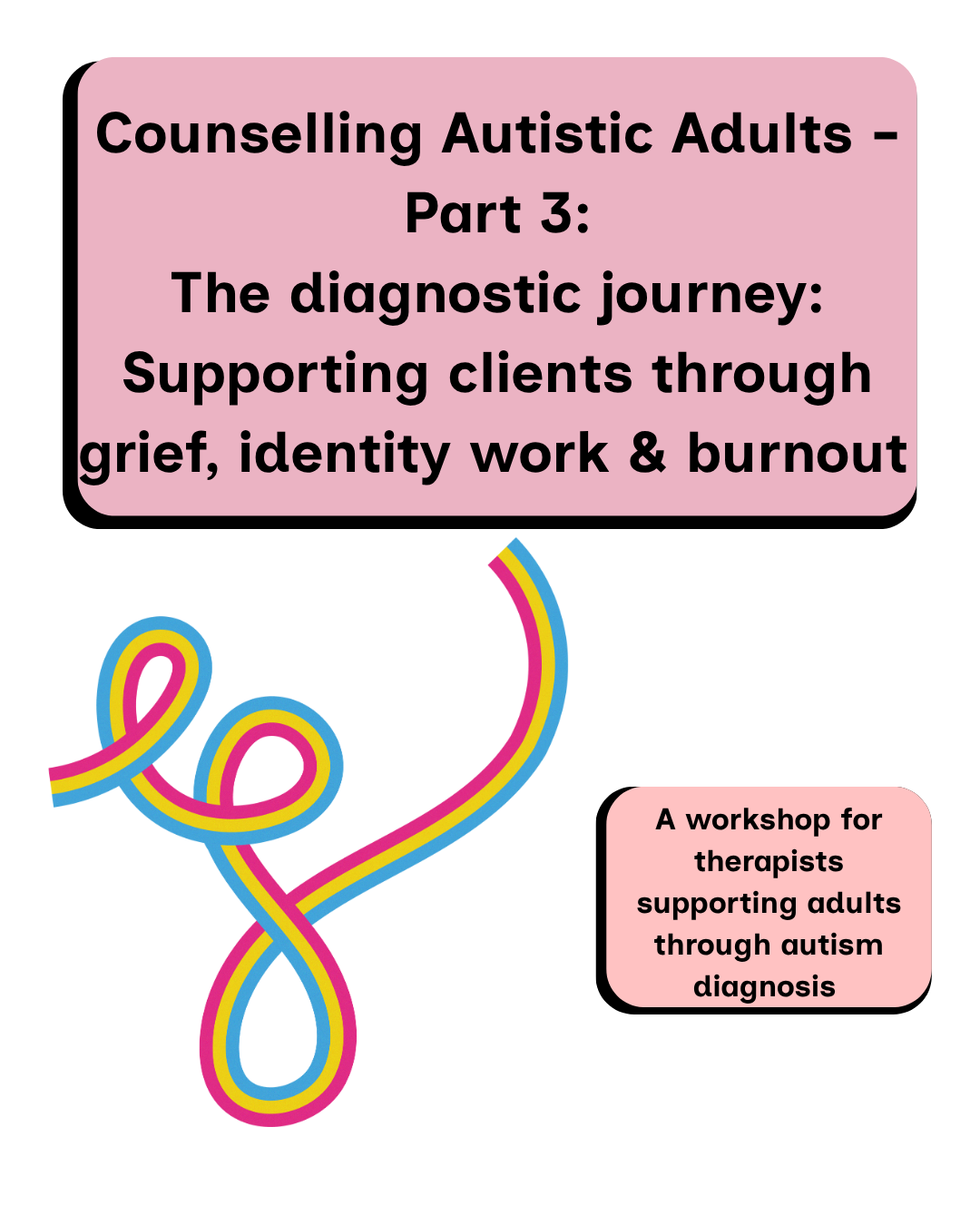 Workshop title slide with pink background, black text, and a colorful autism awareness ribbon. Title reads 'Counselling Autistic Adults - Part 3: The diagnostic journey: Supporting clients through grief, identity work & burnout.' Smaller pink box states 'A workshop for therapists supporting adults through autism diagnosis.'