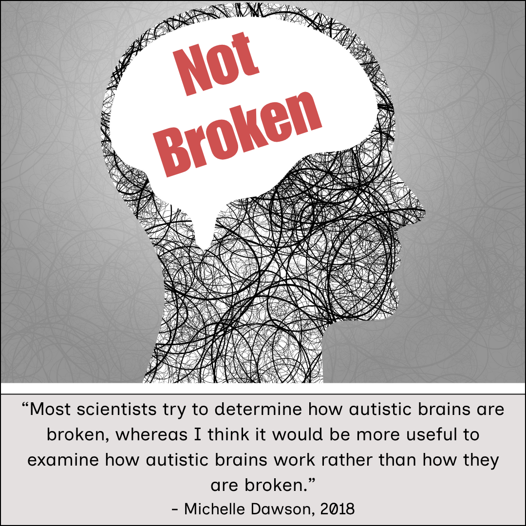 Silhouette of a human head filled with tangled lines and the words “Not Broken,” accompanied by a Michelle Dawson quote about autistic brains.
