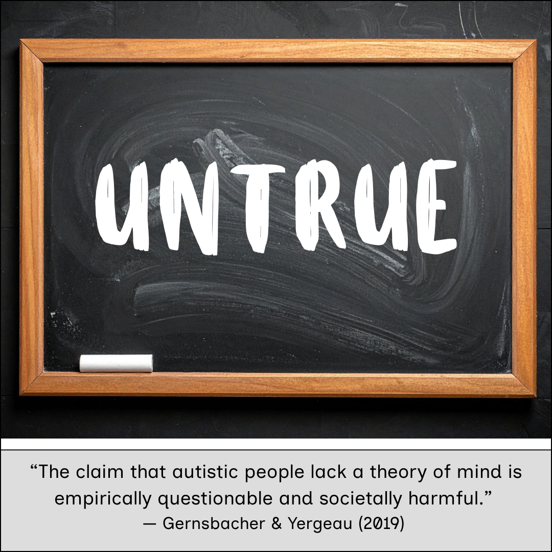 Chalkboard with the word “UNTRUE” written in large letters, paired with a quote challenging theory‑of‑mind claims by Gernsbacher & Yergeau (2019).