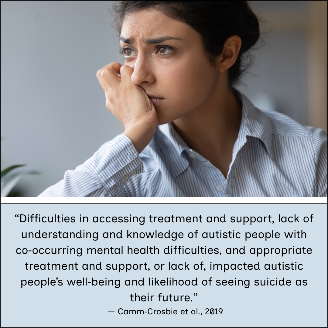 Close-up of an adult person seated indoors, resting their hand near their face and looking away from the camera. Beneath the image is a text quote discussing difficulties accessing mental health support for autistic people.