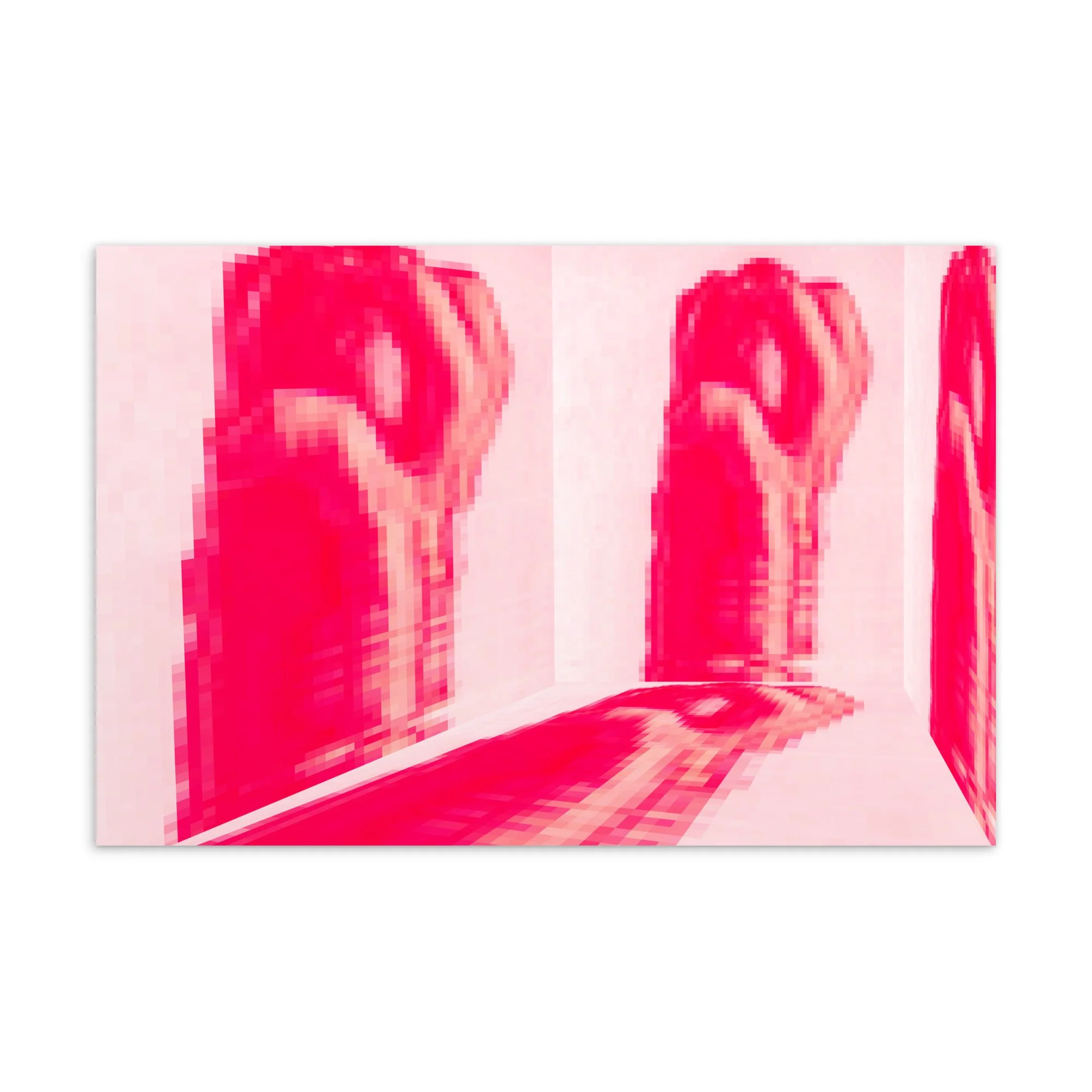 Digital artwork with pixelated red figures on pink background, resembling distorted human forms in a corner of a room.