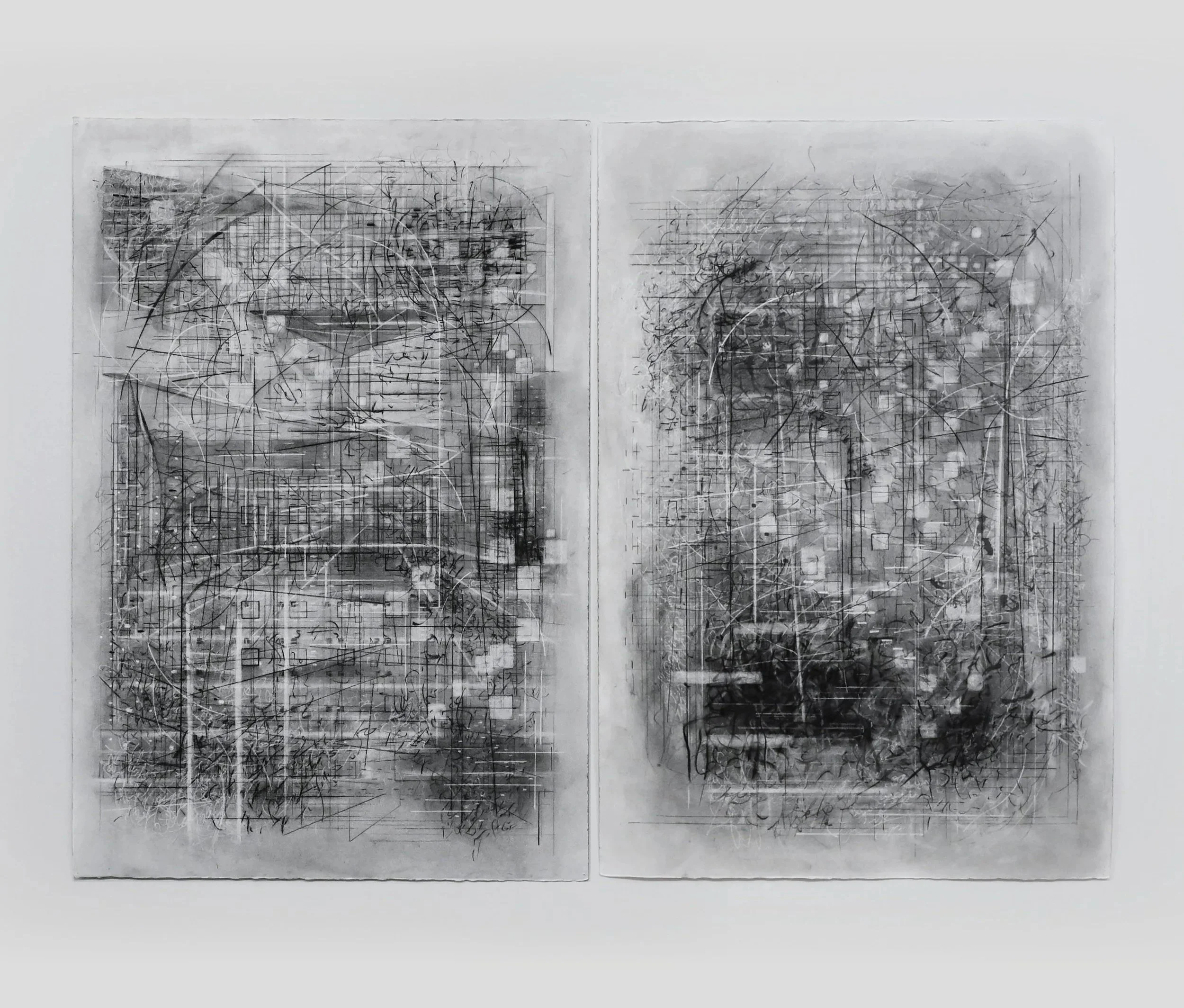 Contemporary abstract drawing / works on paper in charcoal, chalk, ink, conte, graphite on BFK Rives by Houston based artist Sajeela Siddiq