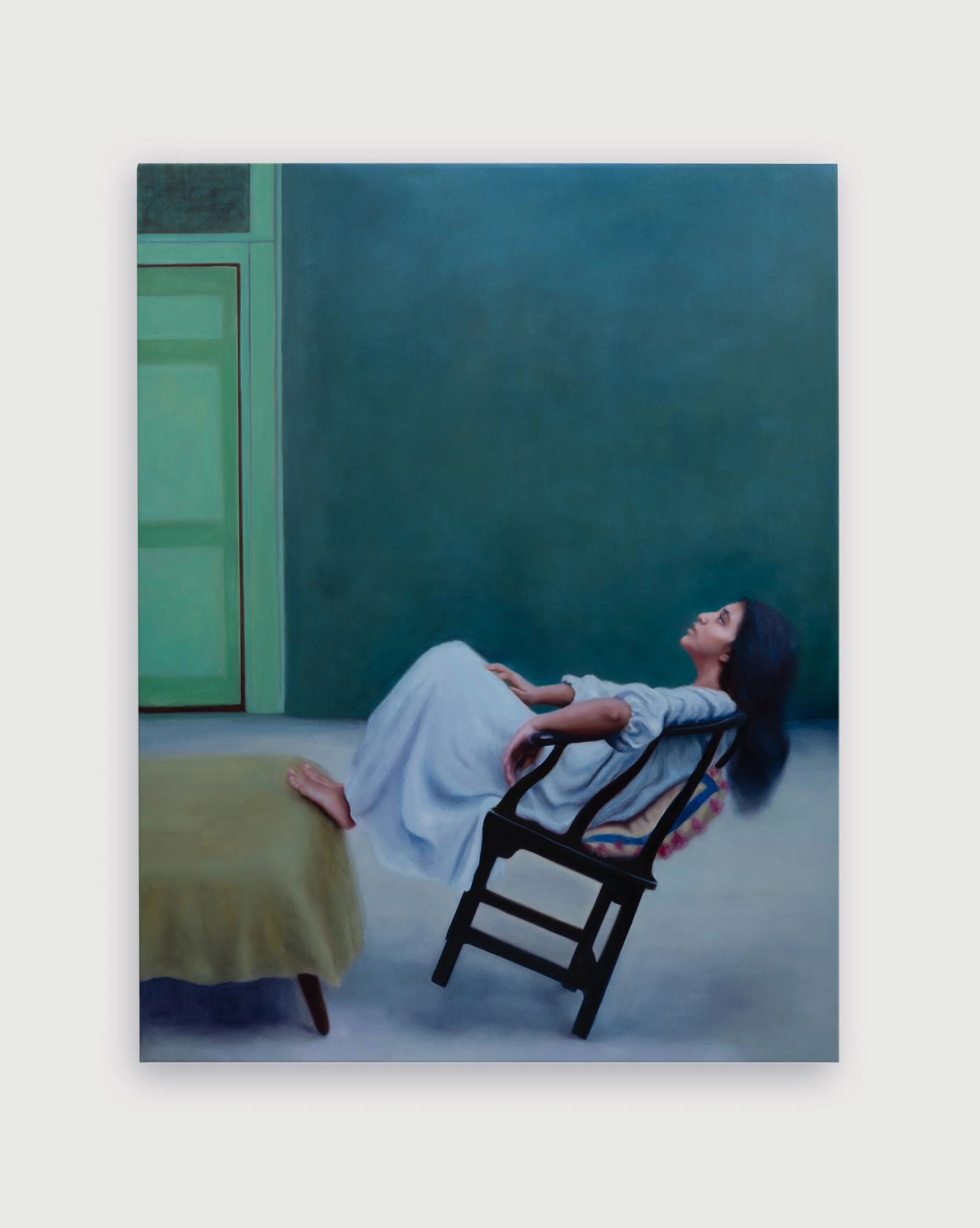 Contemporary figure painting, young girl leaning back in a chair in a courtyard looking up, Oil on Canvas, 54 X 42 Inches