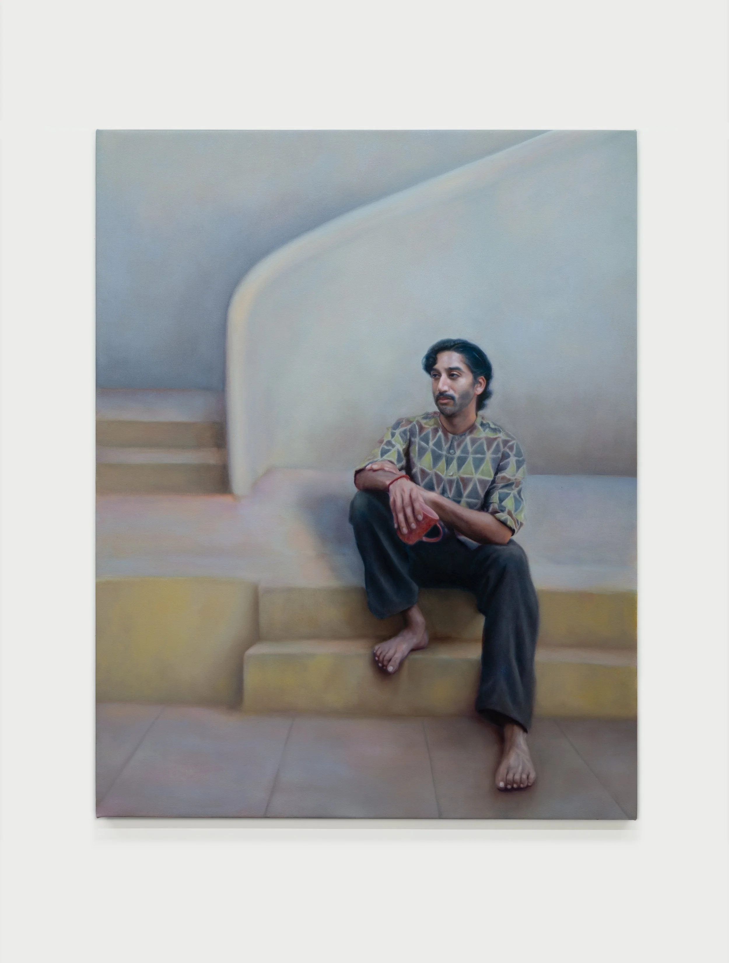 Contemporary figure painting, oil on canvas, contemplative figure sitting on stairs with a teacup in hand
