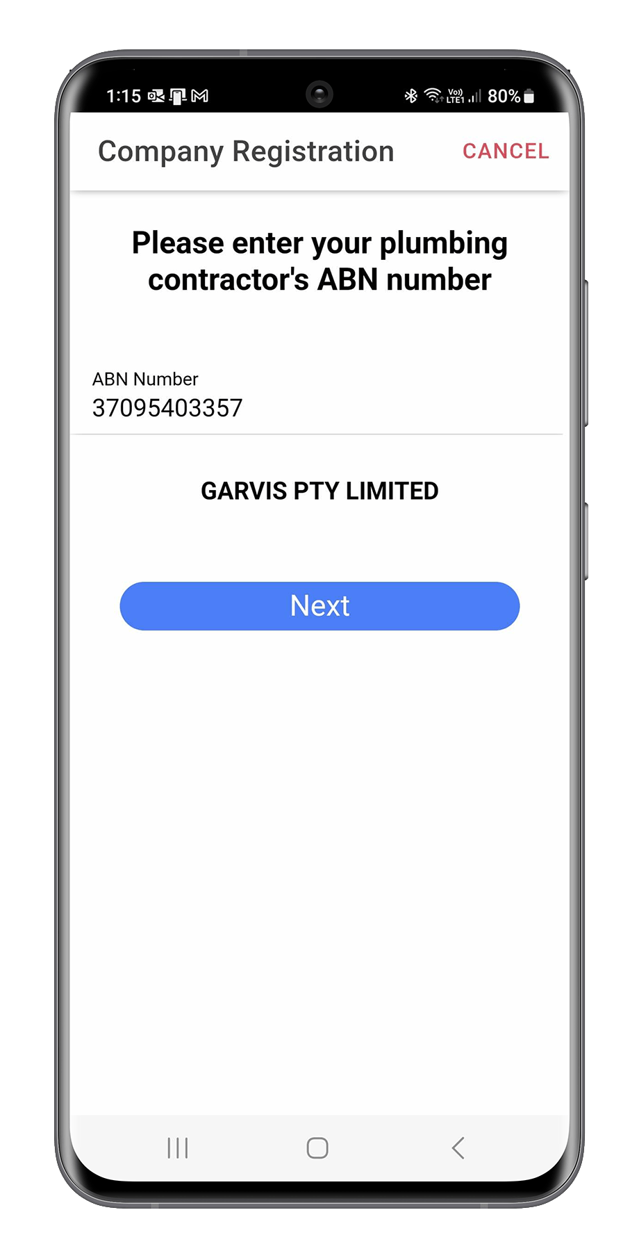 Mobile screen displaying a form titled 'Company Registration' asking for a plumbing contractor's ABN number.