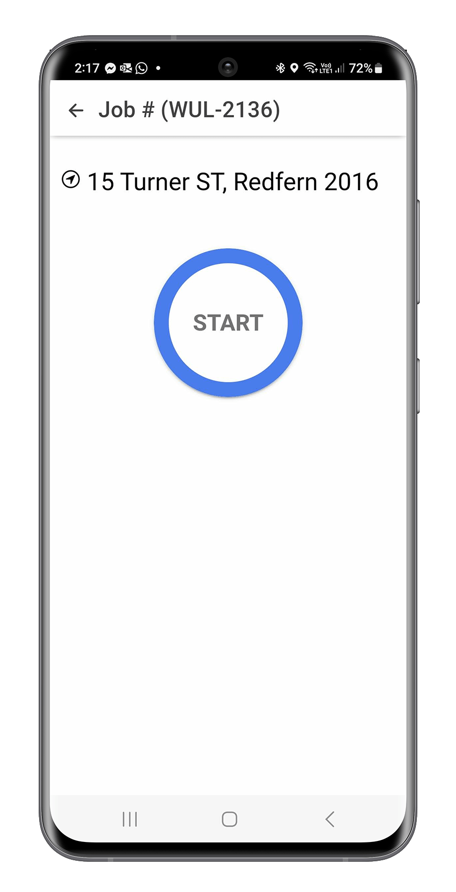 Mobile phone screen showing a contact tracing app with a job number, address, date, and a blue start button.