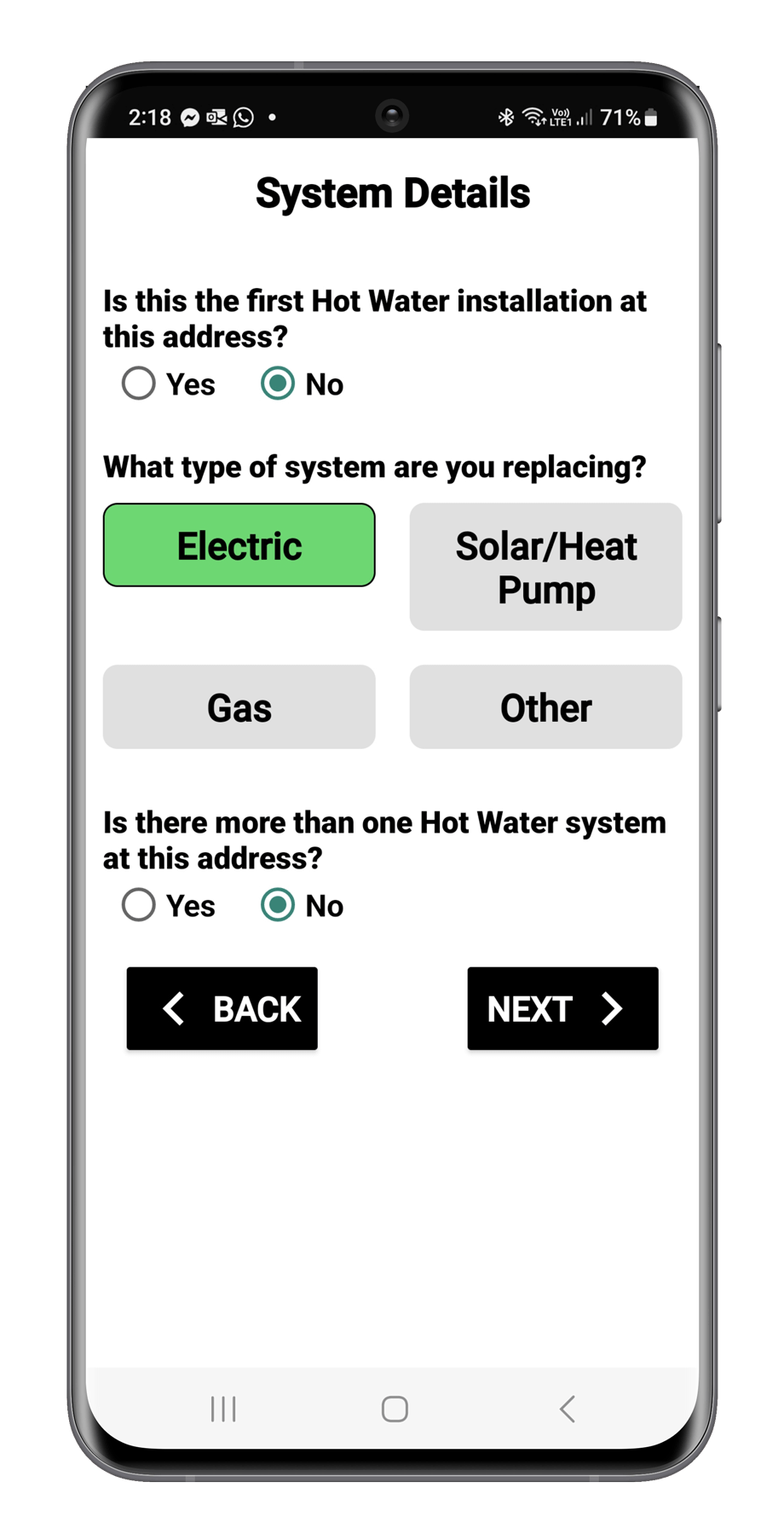 Smartphone screen showing a survey interface about hot water systems, with questions about installation history and type of system being replaced, and options to navigate back or forward.