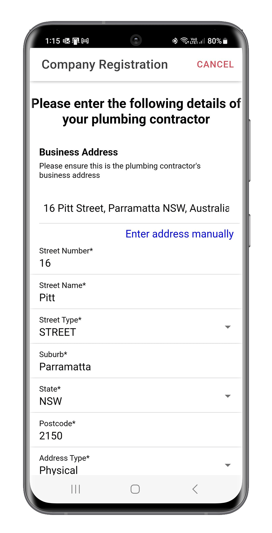 Mobile phone screen displaying a company registration form for a plumbing contractor.
