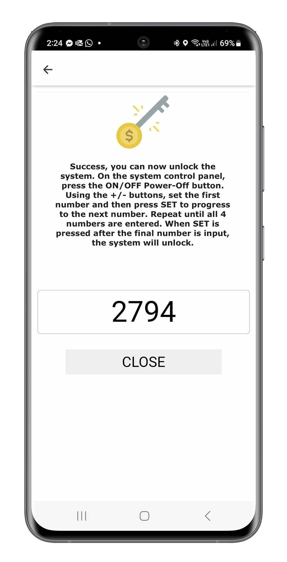 Mobile phone screen displaying instructions for unlocking a system with a four-digit code, showing the code 2794 and a close button.