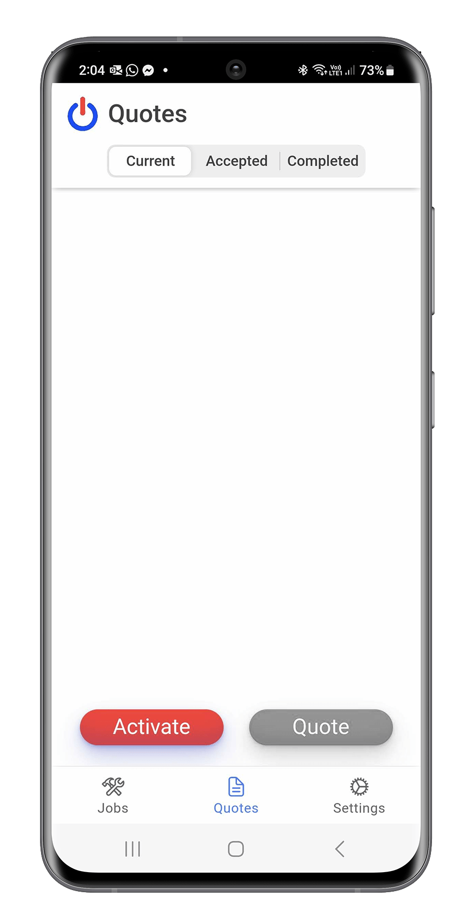 A mobile app screen titled 'Quotes' with tabs for Current, Accepted, and Completed quotes. It has two buttons labeled 'Activate' in red and 'Quote' in gray. The bottom menu shows icons for Jobs, Quotes, and Settings.