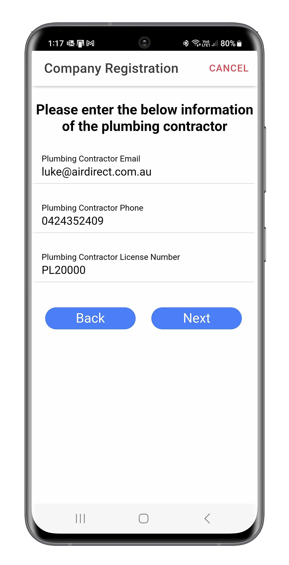 Mobile app screen titled 'Company Registration' with form fields for plumbing contractor email, phone, and license number, and two blue buttons labeled 'Back' and 'Next'.