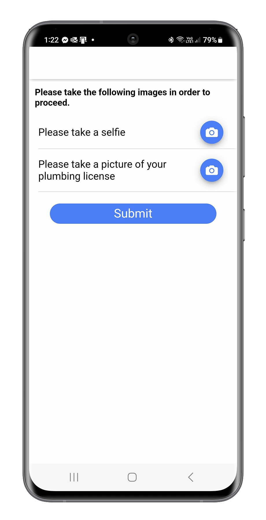 Mobile app screen with instructions to take a selfie and a picture of a plumbing license, each with a camera icon, and a blue submit button.
