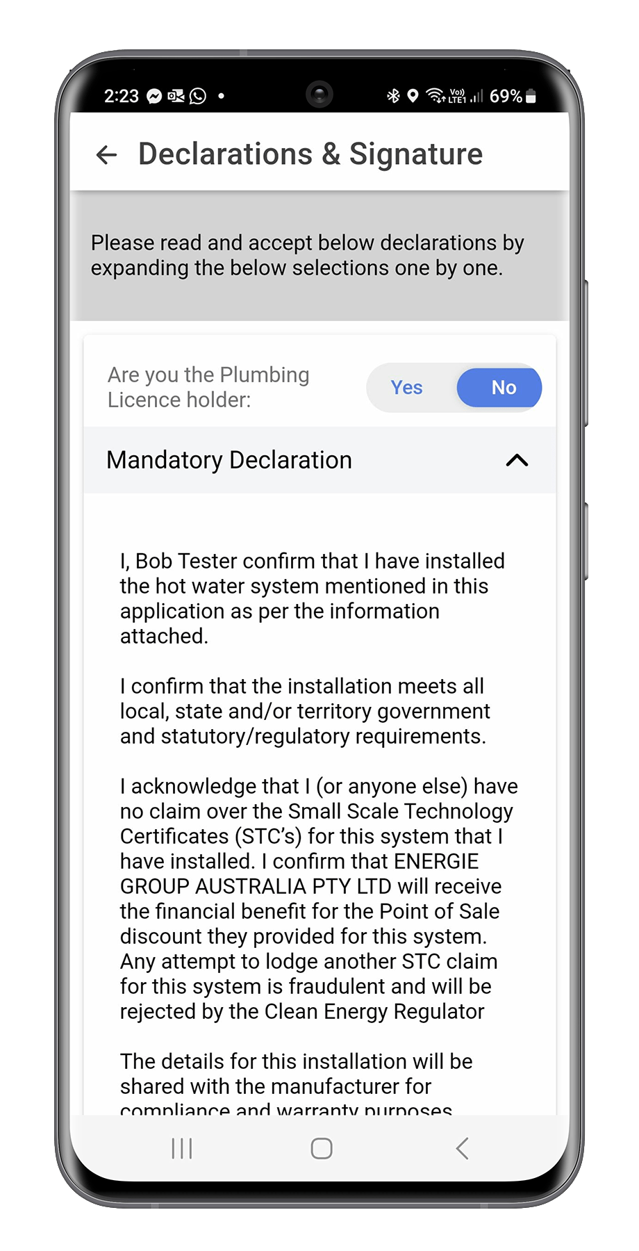 Mobile screen displaying a declaration form for plumbing license verification, with options to select 'Yes' or 'No' and detailed statement about installation compliance and certification.