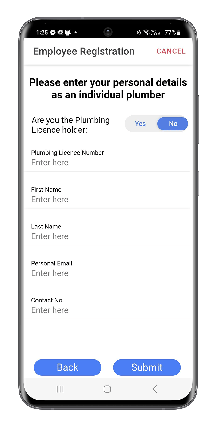 Mobile app screen showing an Employee Registration form for entering personal details as an individual plumber, with fields for license number, first name, last name, email, and contact number, and options to cancel or submit.