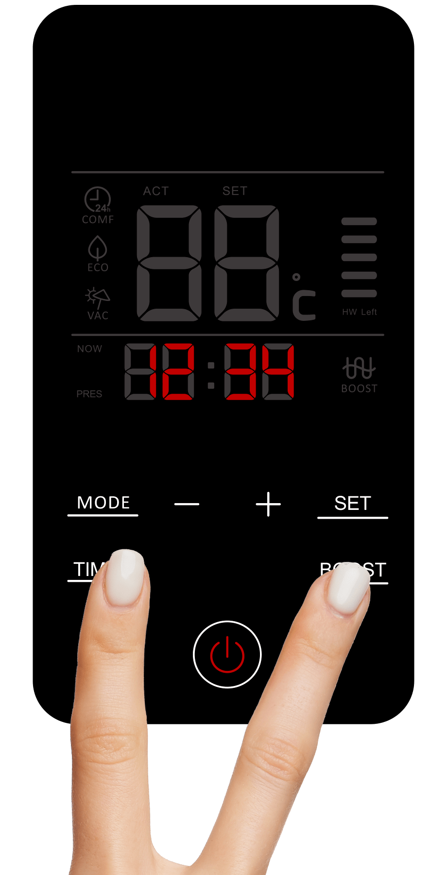 A person’s hand pressing both the Timer and Boost buttons to unlock an older model heat pump.