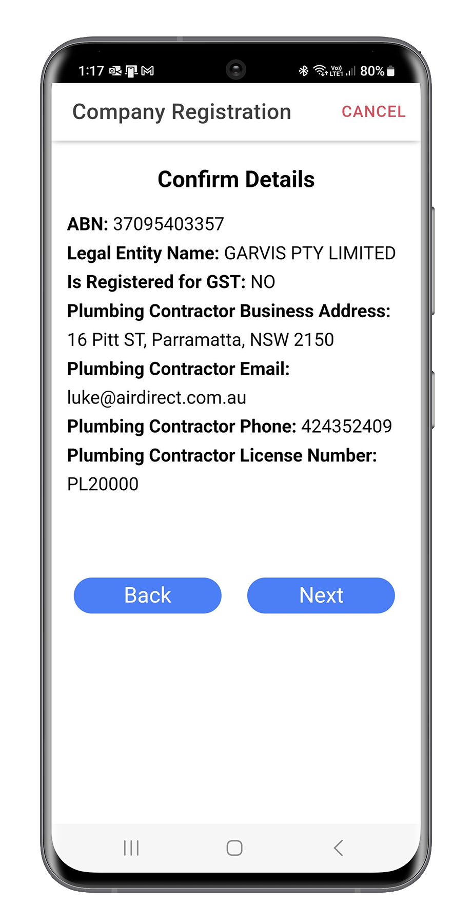 Mobile phone screen displaying company registration details, including ABN, legal entity name, address, email, phone, and license number, with buttons labeled 'Back' and 'Next'.