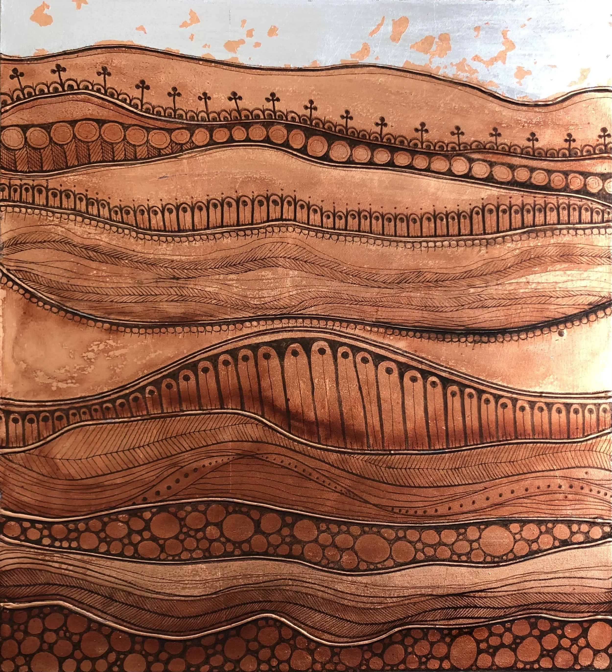 Abstract artwork with wavy lines, dots, and patterns in shades of orange, black, and tan.