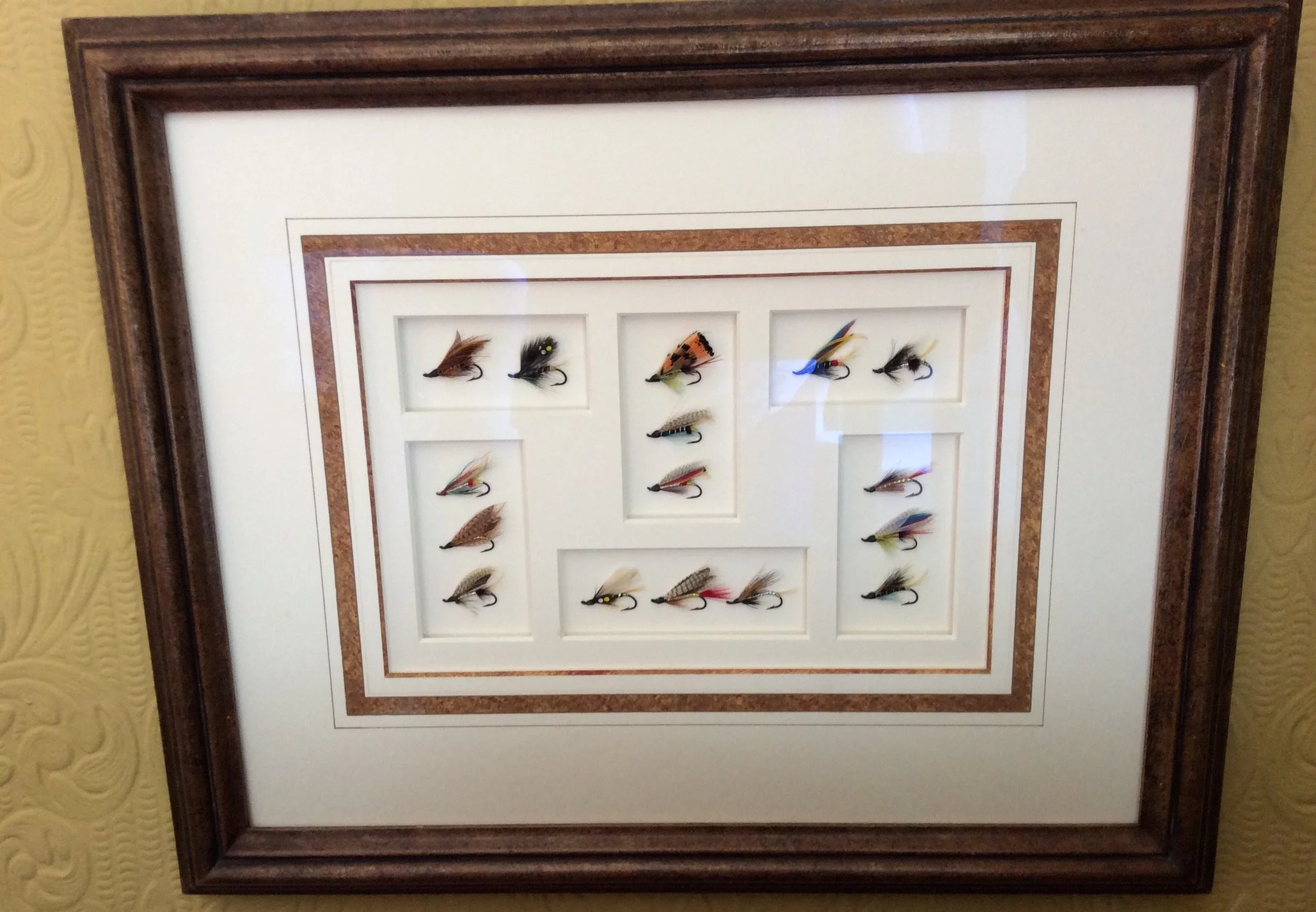A framed display of various fishing lures, each arranged in small compartments within the frame.