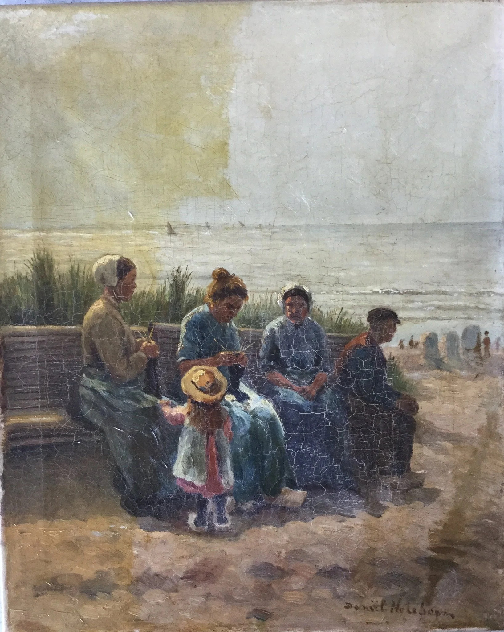 A painting of four women and a girl sitting on a bench at the beach, with grass, sand, and the ocean in the background. The women are dressed in old-fashioned clothing, and one woman is holding a hat.