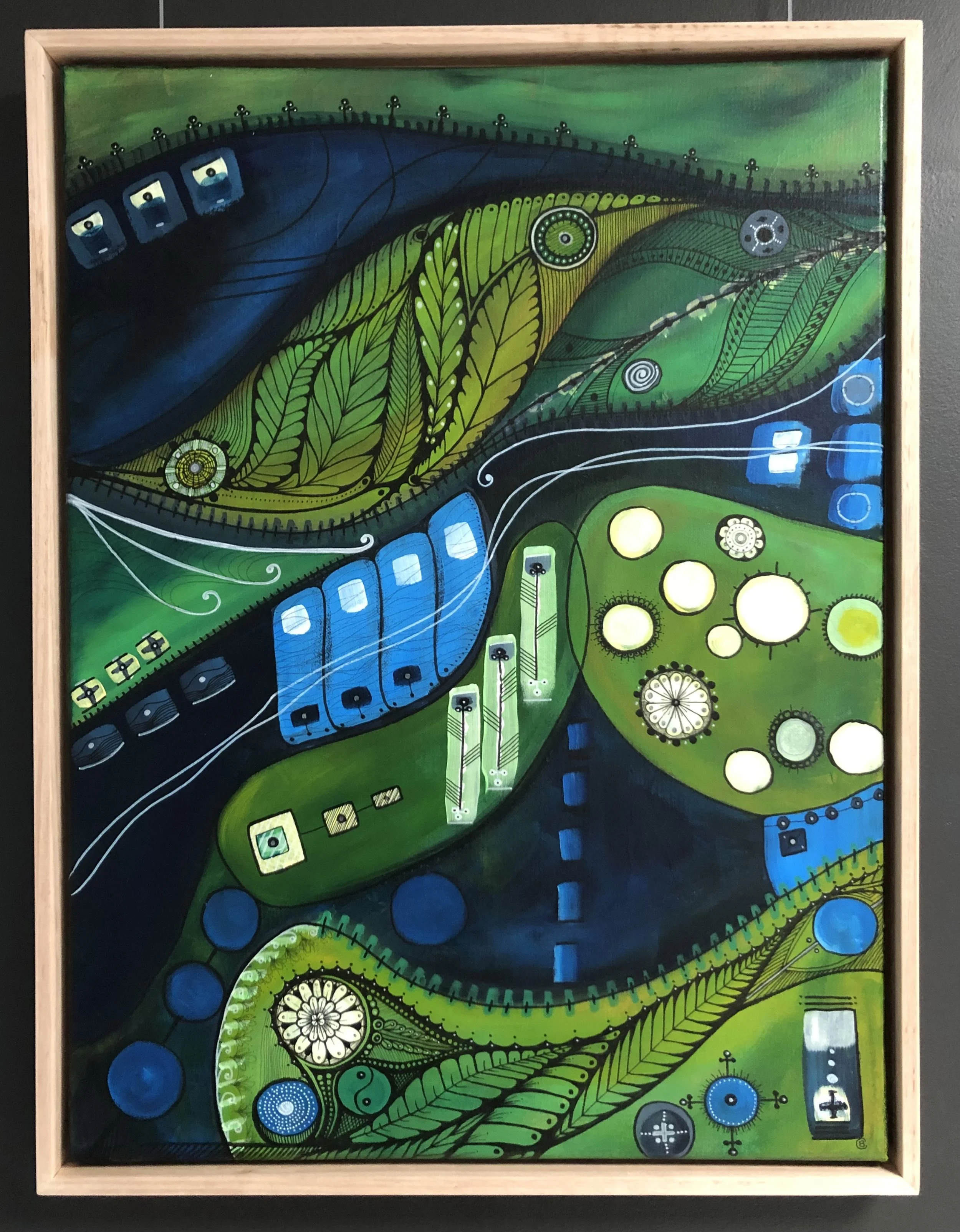 Abstract painting featuring various shapes, patterns, and colors predominantly in greens, blues, and black, with elements resembling leaves, circles, and electronic symbols.