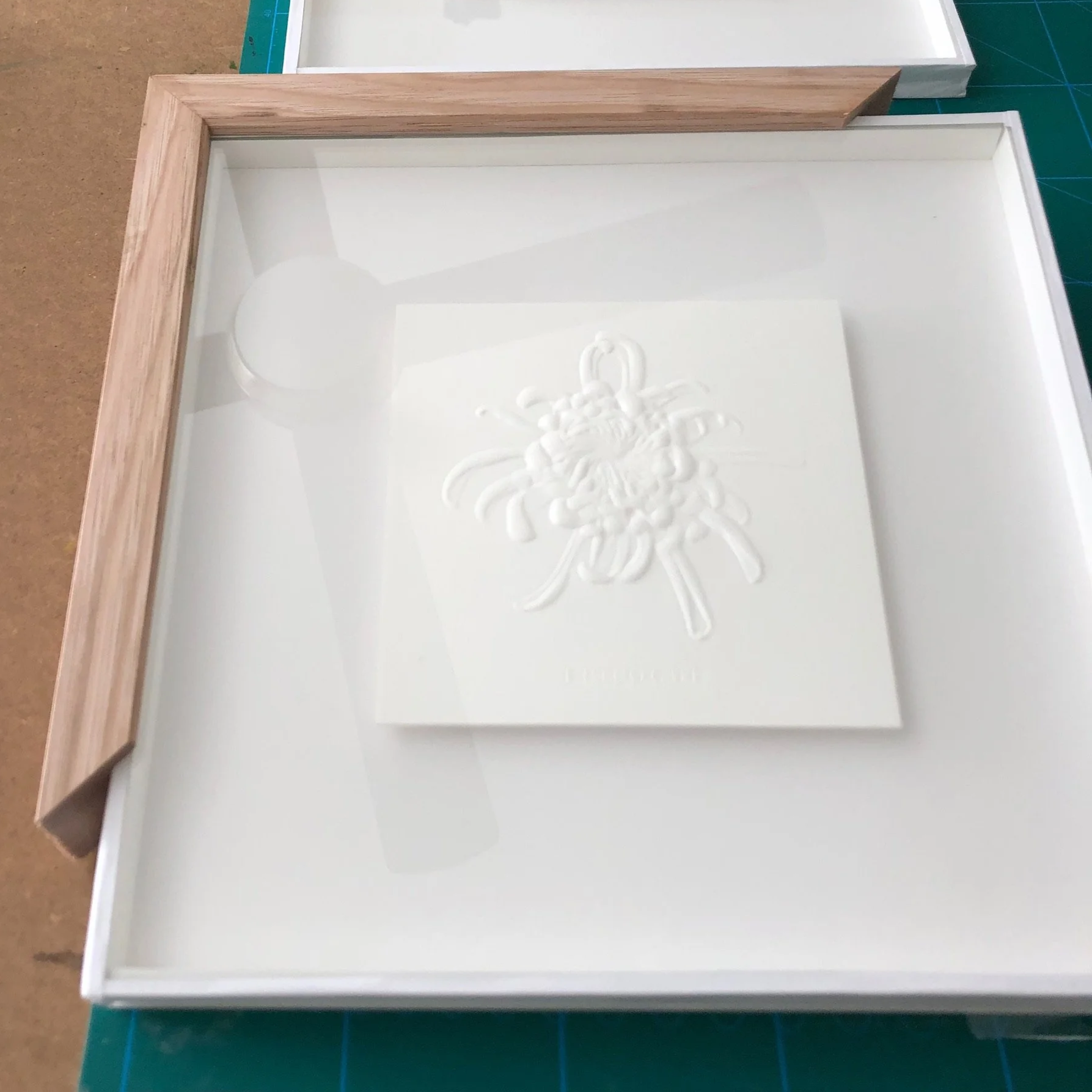 A white square piece with a raised, textured design of a spider in the center, placed inside a glass-top wood and white frame.