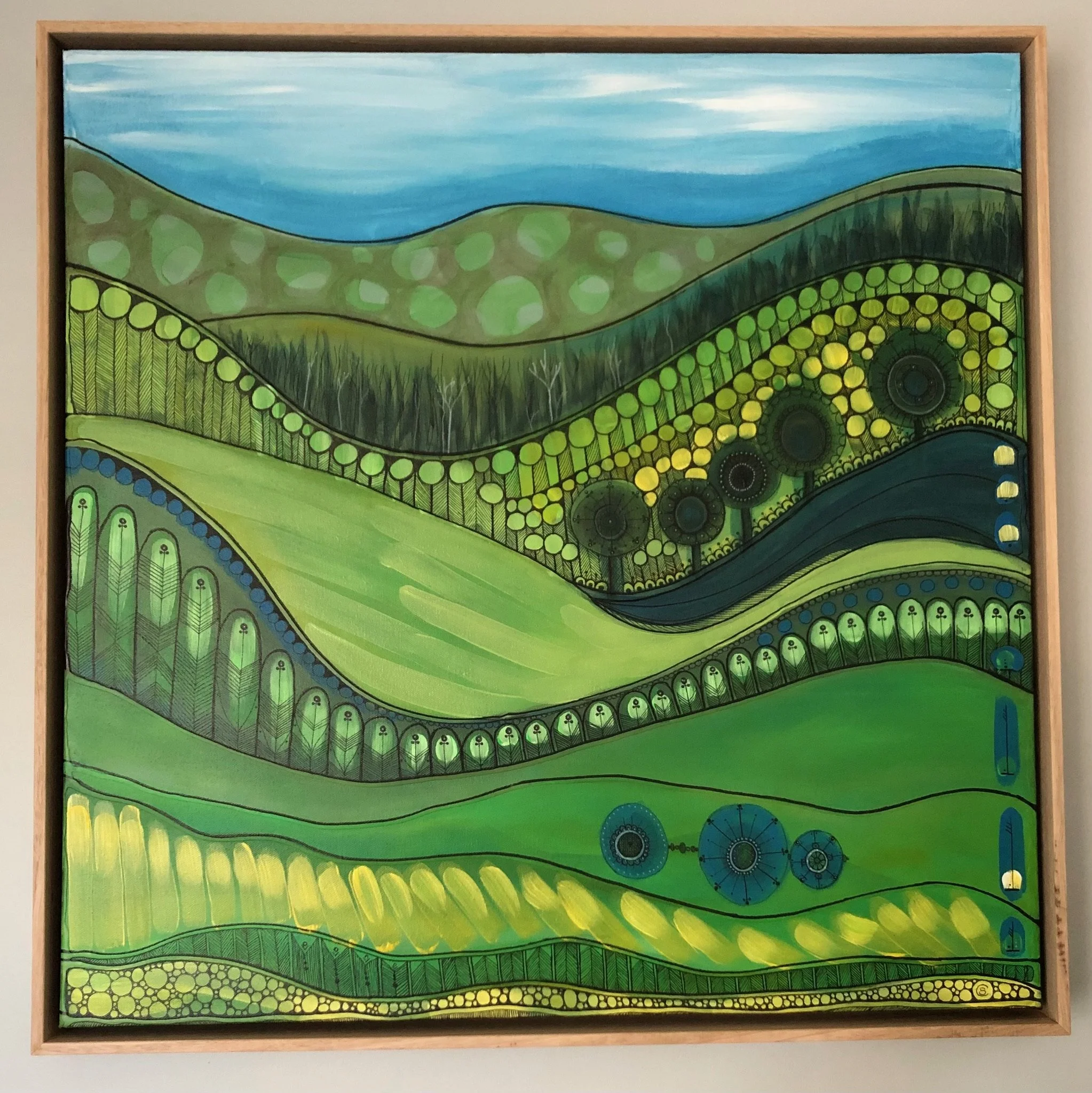 Colorful abstract landscape painting of rolling green hills, forested areas, and a blue sky.
