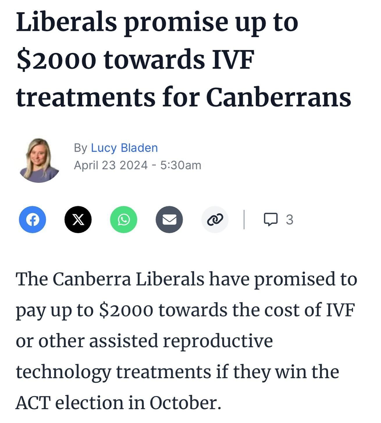 Many Canberrans have told us about the emotional, physical and financial burden of going through IVF and other assisted reproductive technology (ART) treatments.

A @canberraliberals government I lead will provide a rebate of up to $2,000 to make acc