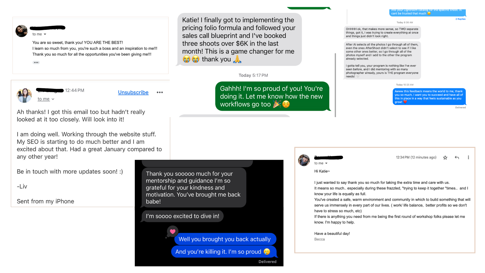 A collage of several screenshots of email and text message conversations expressing gratitude, excitement, and pride for achievements and mentorship.