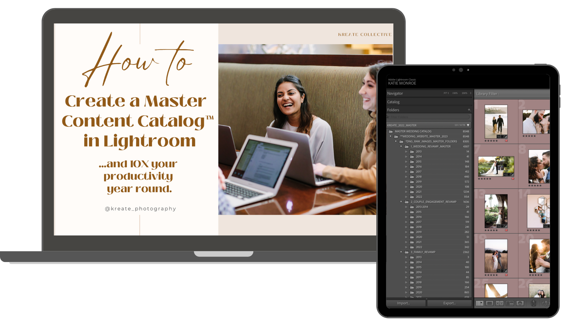 A graphic showing a presentation slide about creating a master content catalog in Lightroom, with a laptop computer displaying Lightroom software and a group of people in a meeting.