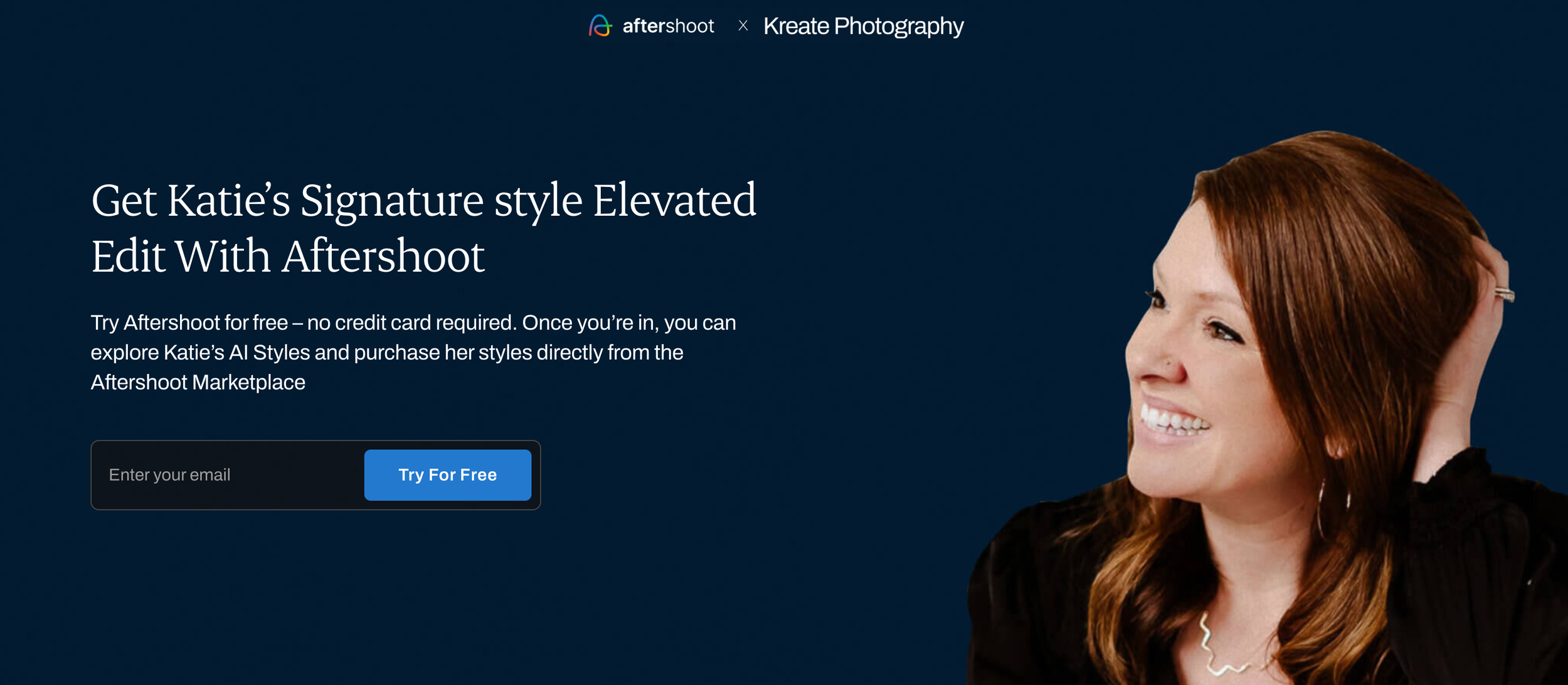 A woman smiling, with red hair, wearing a black top, looking to her left, with one hand touching her hair in a promotional website background for Aftershoot and Kreate Photography.
